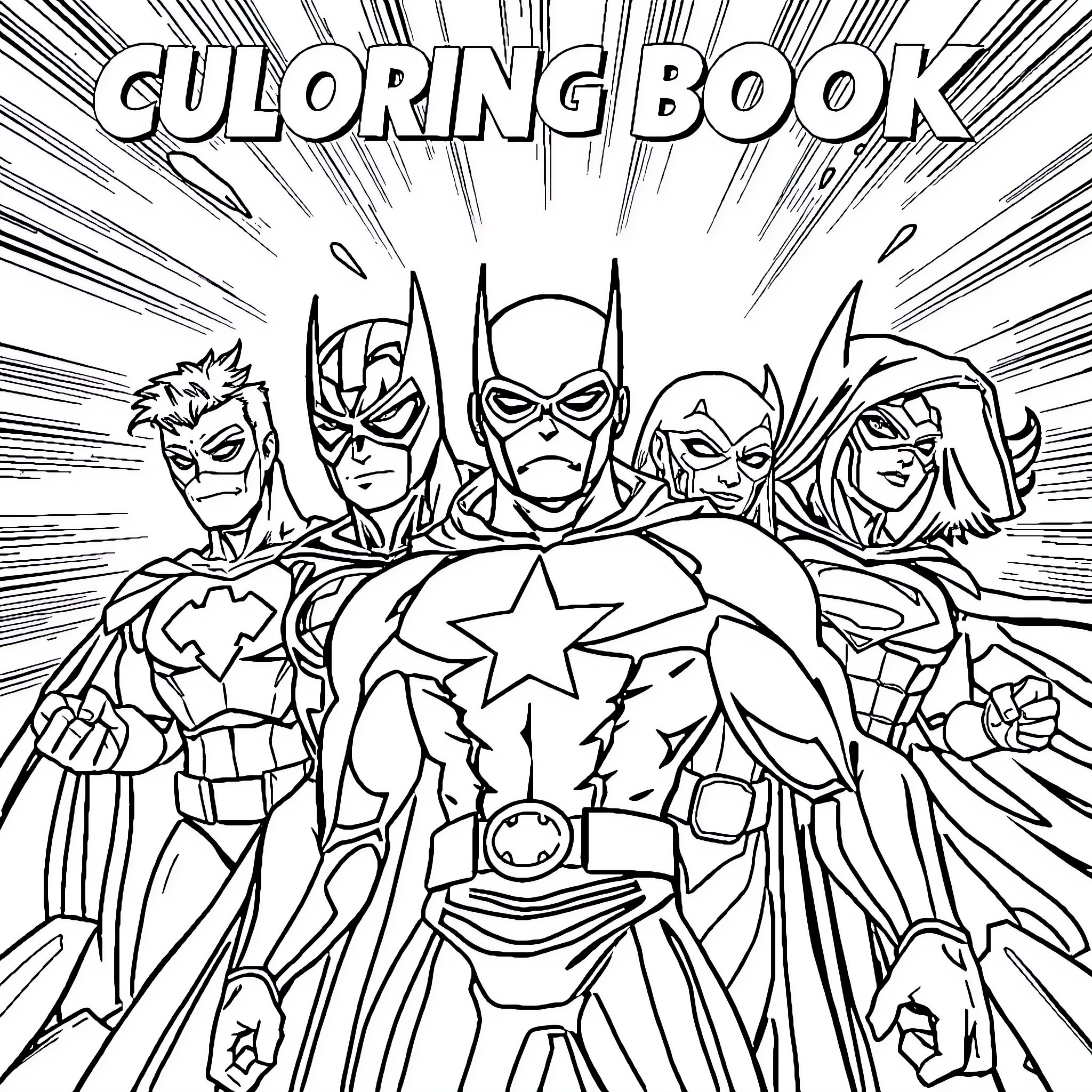 Superhero Team Strikes an Heroic Pose Coloring Page (free black-and-white line drawing printable PDF for all, from beginners to advanced learners, including children, teens, adults, and seniors)