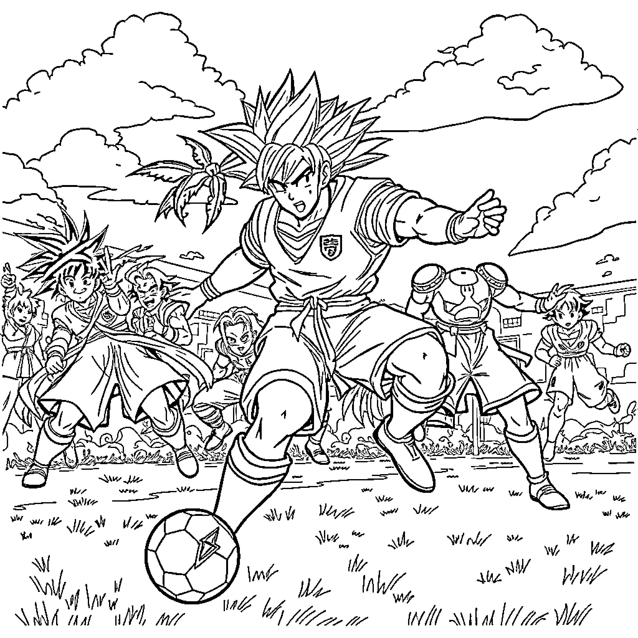 Avenger Soccer Players Competing in Epic Game Coloring Page (free black-and-white line drawing printable PDF for all, from beginners to advanced learners, including children, teens, adults, and seniors)
