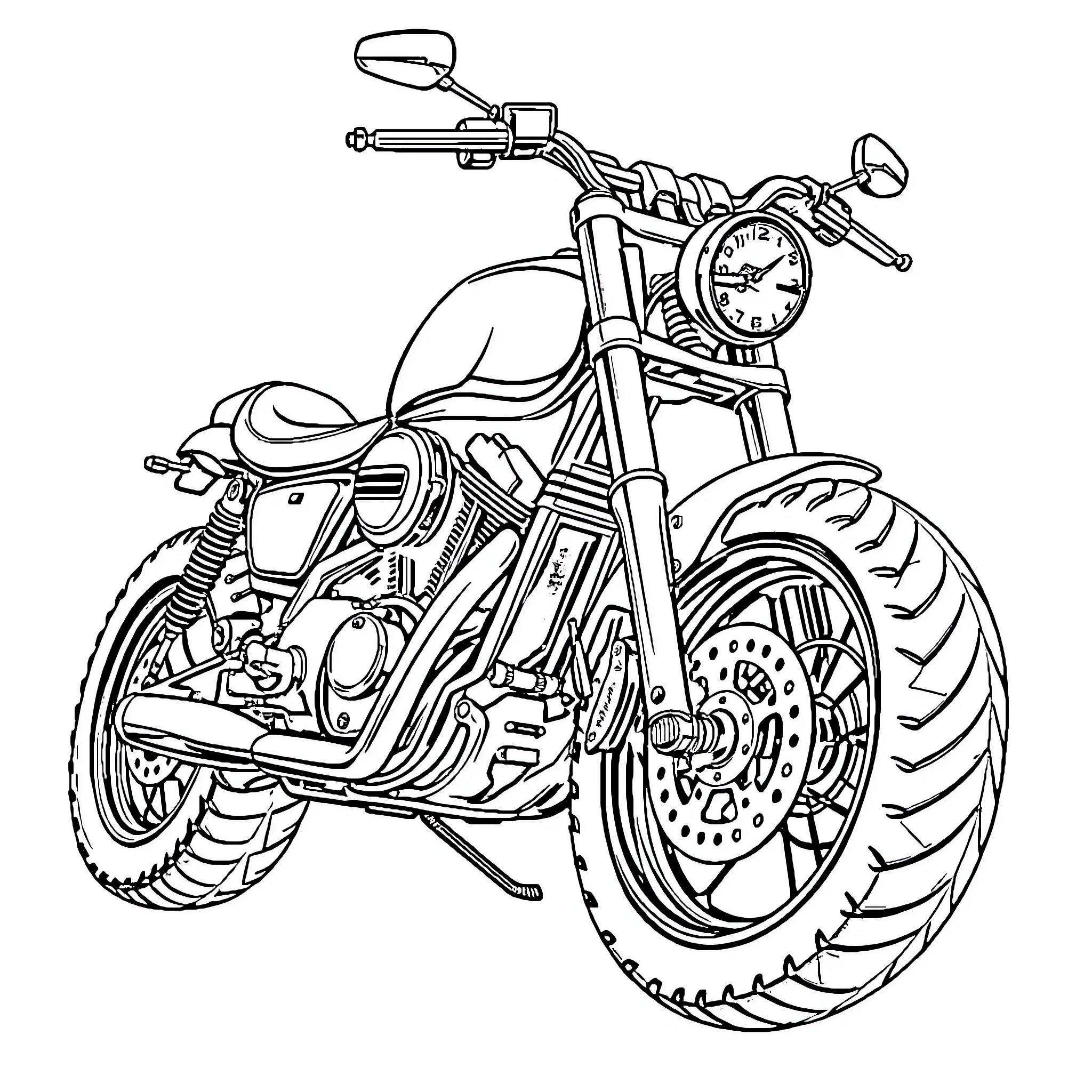 Motorcycle with Stylized Design and Details Coloring Page (free black-and-white line drawing printable PDF for all, from beginners to advanced learners, including children, teens, adults, and seniors)