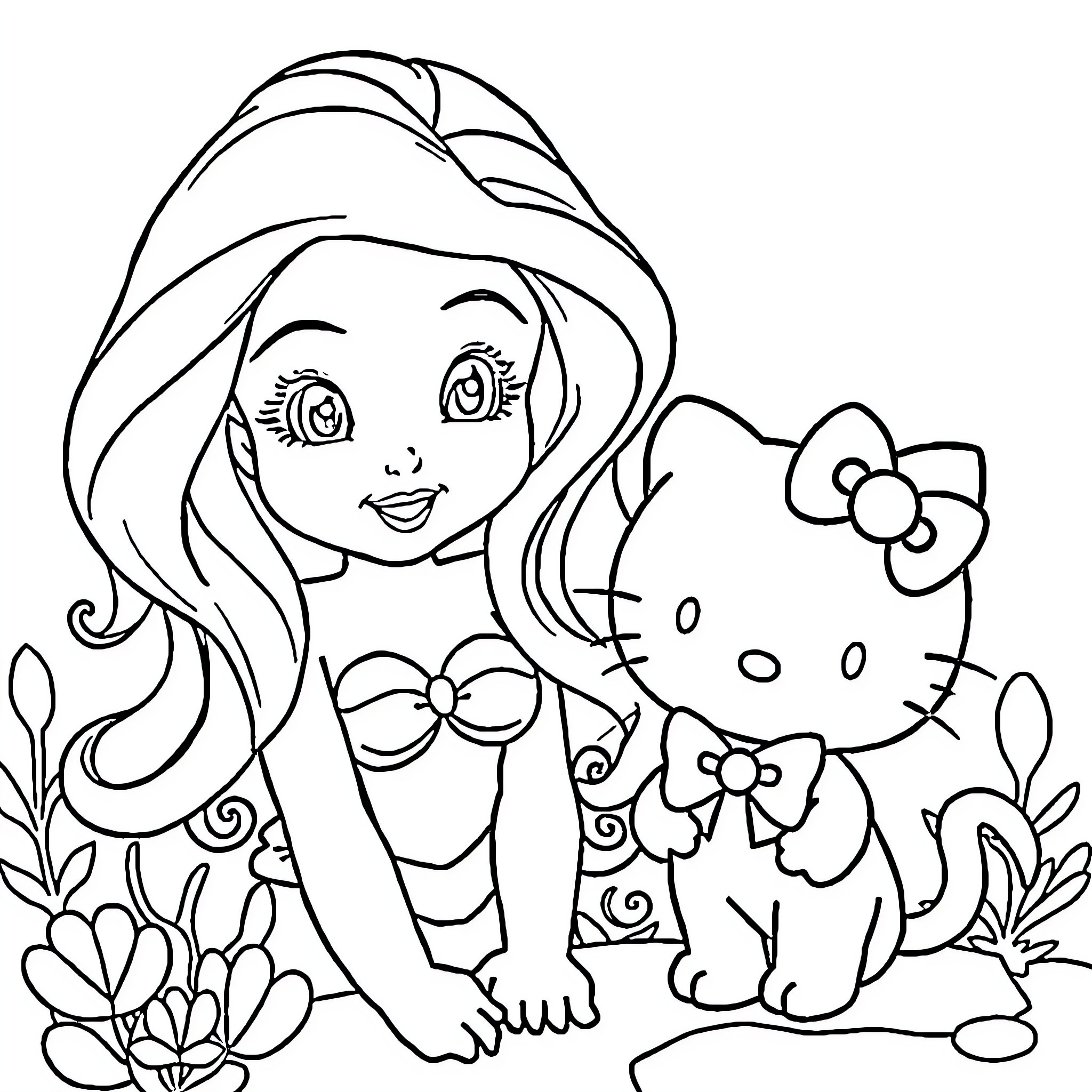Ariel and Hello Kitty enjoying nature together Coloring Page (free black-and-white line drawing printable PDF for all, from beginners to advanced learners, including children, teens, adults, and seniors)