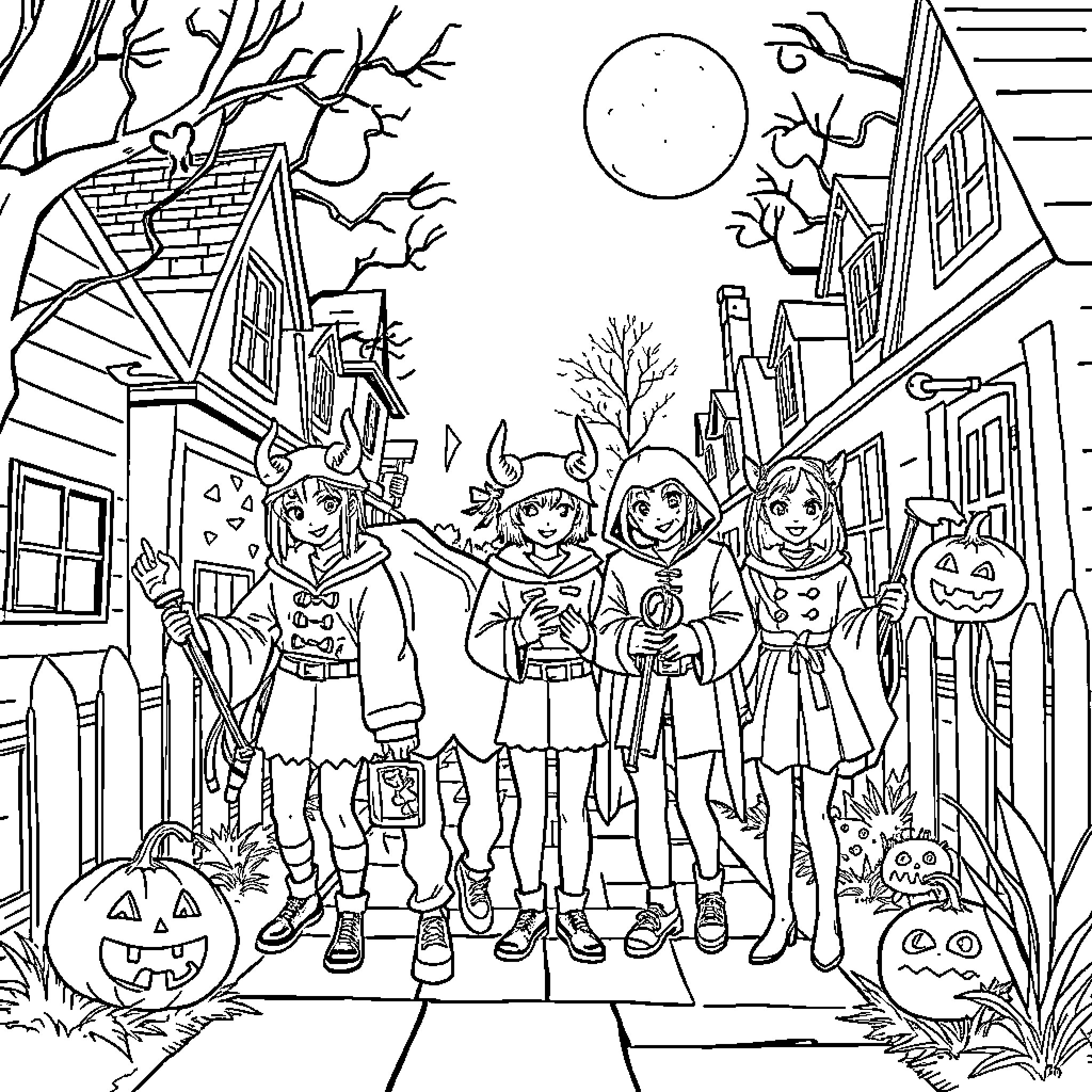 Demon Hunter Family Trick-or-Treating on Halloween Night Coloring Page (free black-and-white line drawing printable PDF for all, from beginners to advanced learners, including children, teens, adults, and seniors)