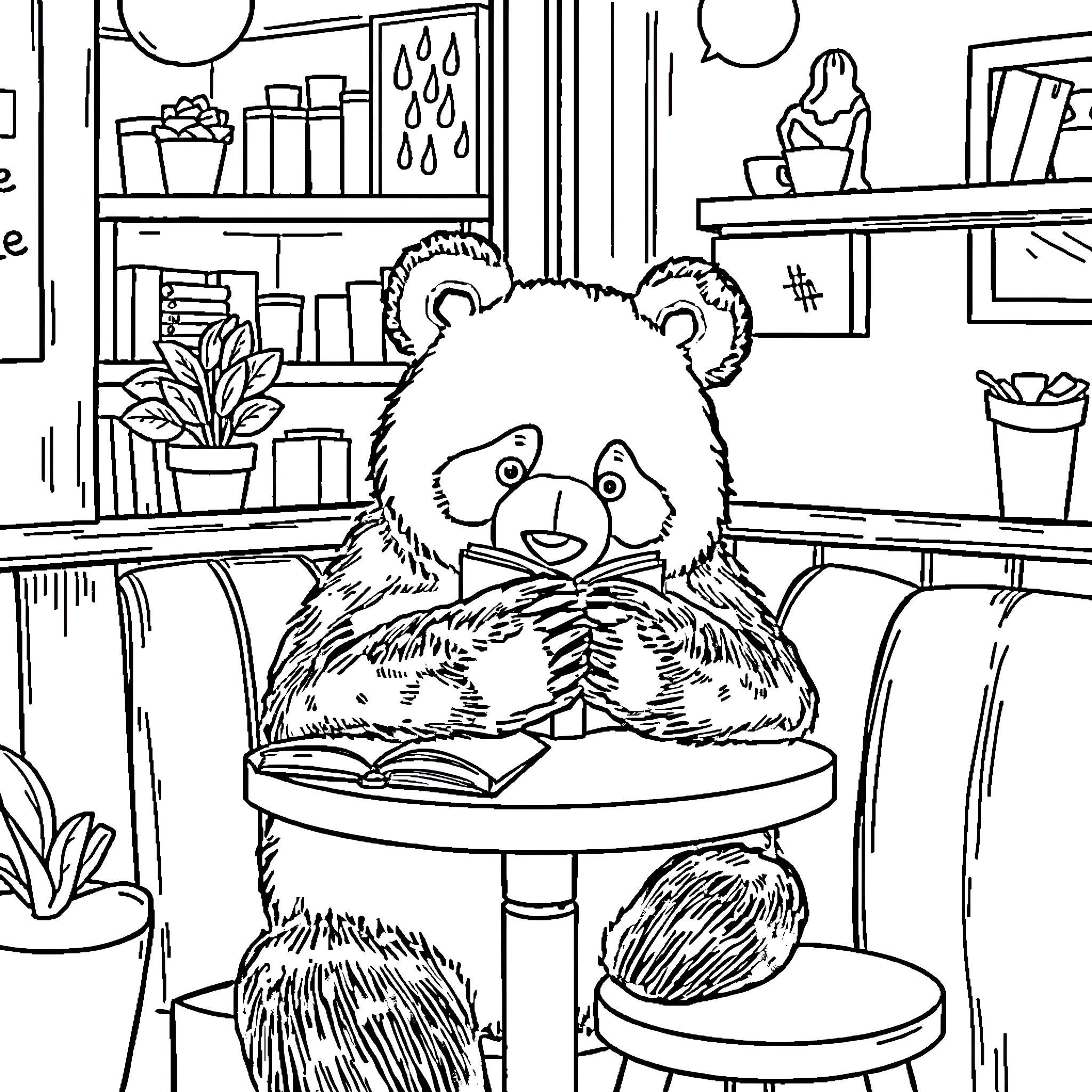 Panda relaxing and reading a book in cozy room Coloring Page (free black-and-white line drawing printable PDF for all, from beginners to advanced learners, including children, teens, adults, and seniors)