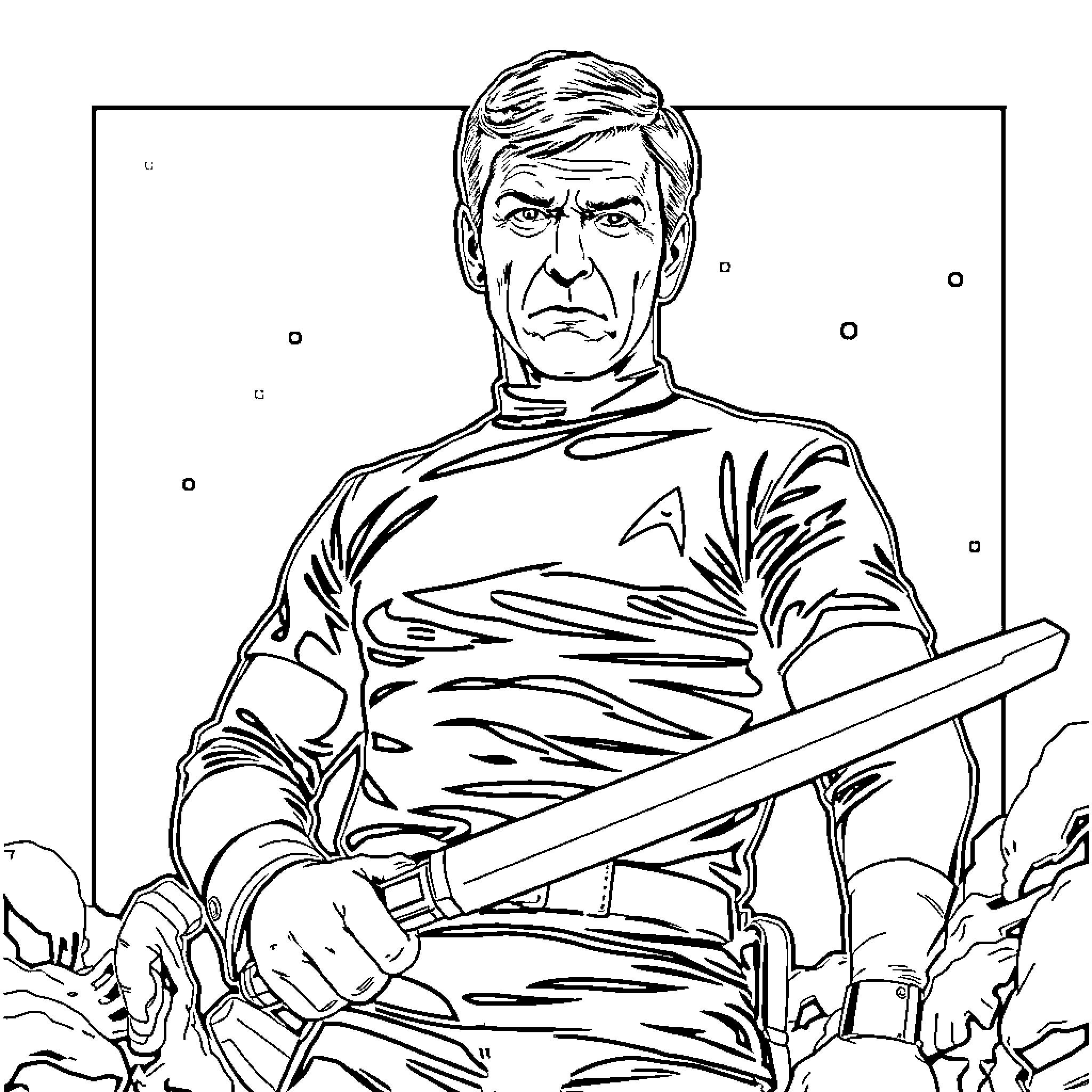 Charlie Kirk depicted in a stern, authoritative pose Coloring Page (free black-and-white line drawing printable PDF for all, from beginners to advanced learners, including children, teens, adults, and seniors)