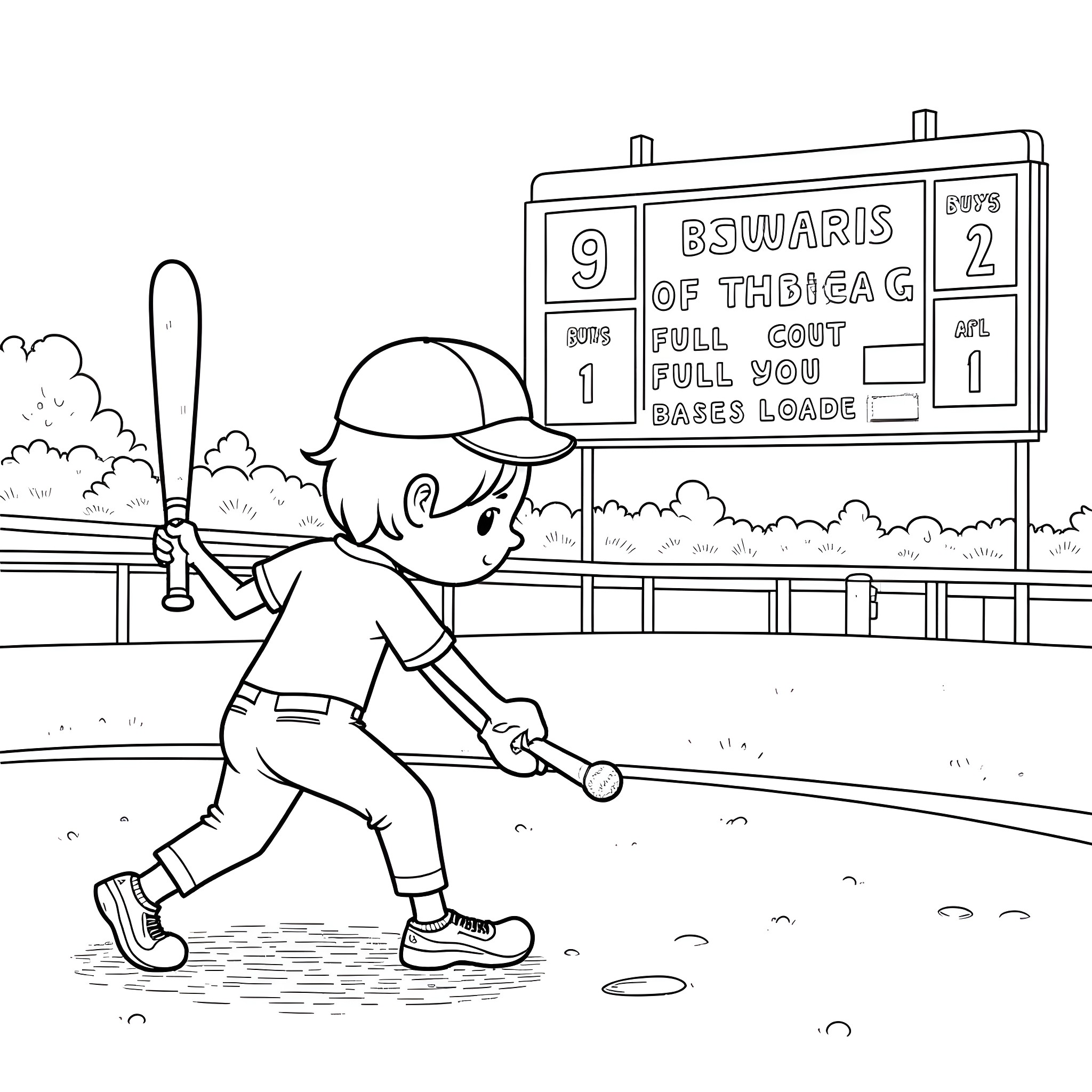 Kid playing baseball near stadium scoreboard Coloring Page (free black-and-white line drawing printable PDF for all, from beginners to advanced learners, including children, teens, adults, and seniors)