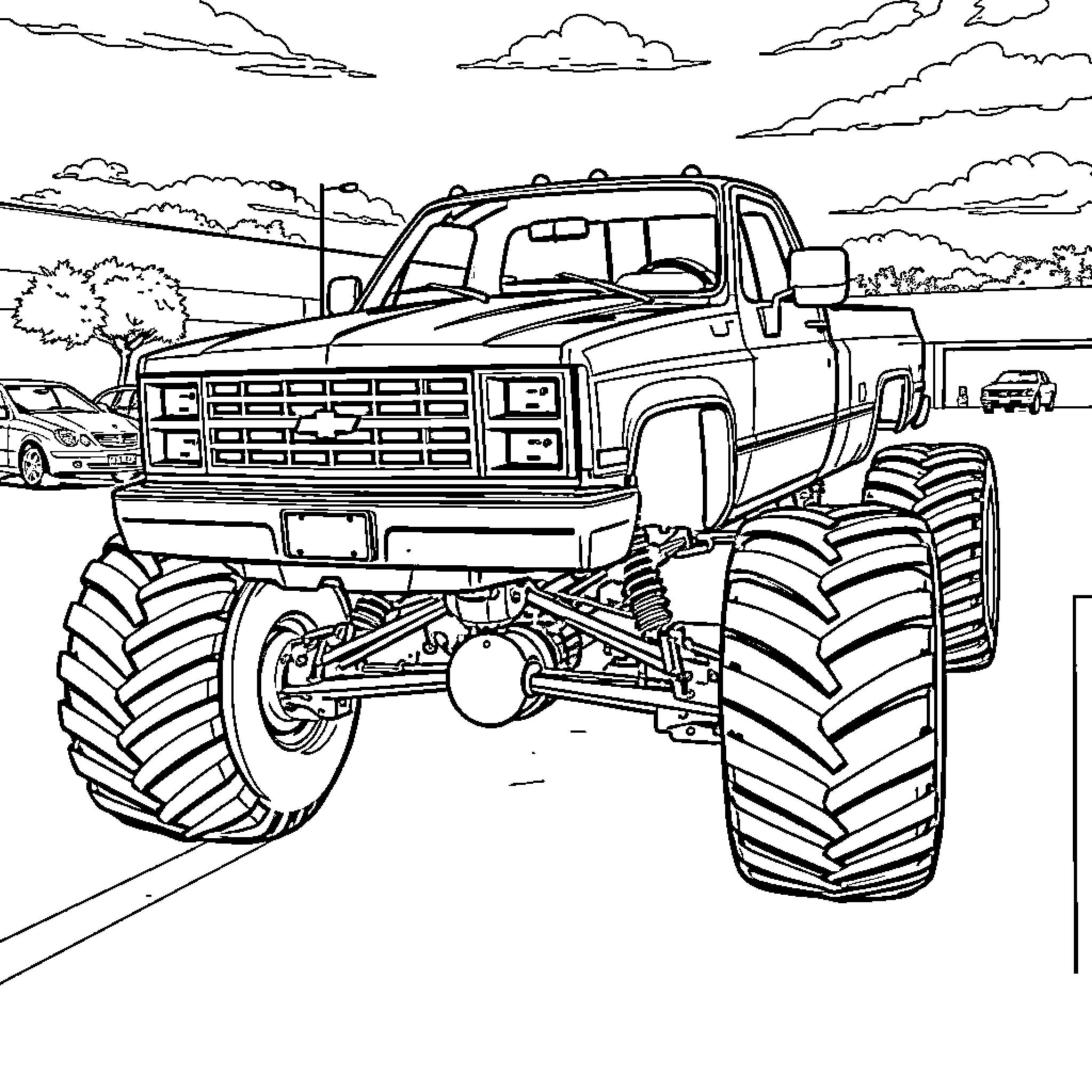 Chevrolet Monster Truck Conquering Rugged Terrain Coloring Page (free black-and-white line drawing printable PDF for all, from beginners to advanced learners, including children, teens, adults, and seniors)