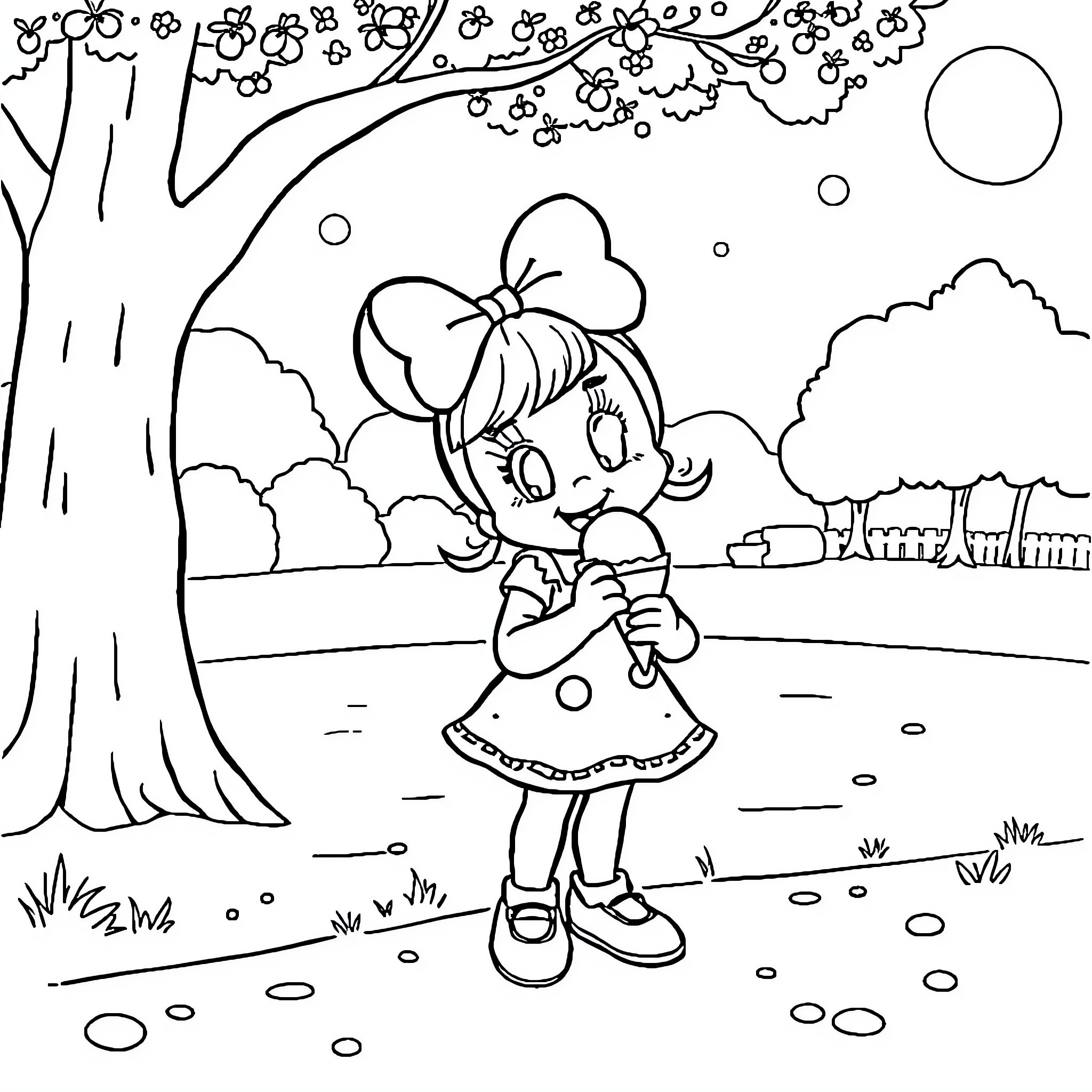 Mini Girl on a Peaceful Nature Stroll Coloring Page (free black-and-white line drawing printable PDF for all, from beginners to advanced learners, including children, teens, adults, and seniors)