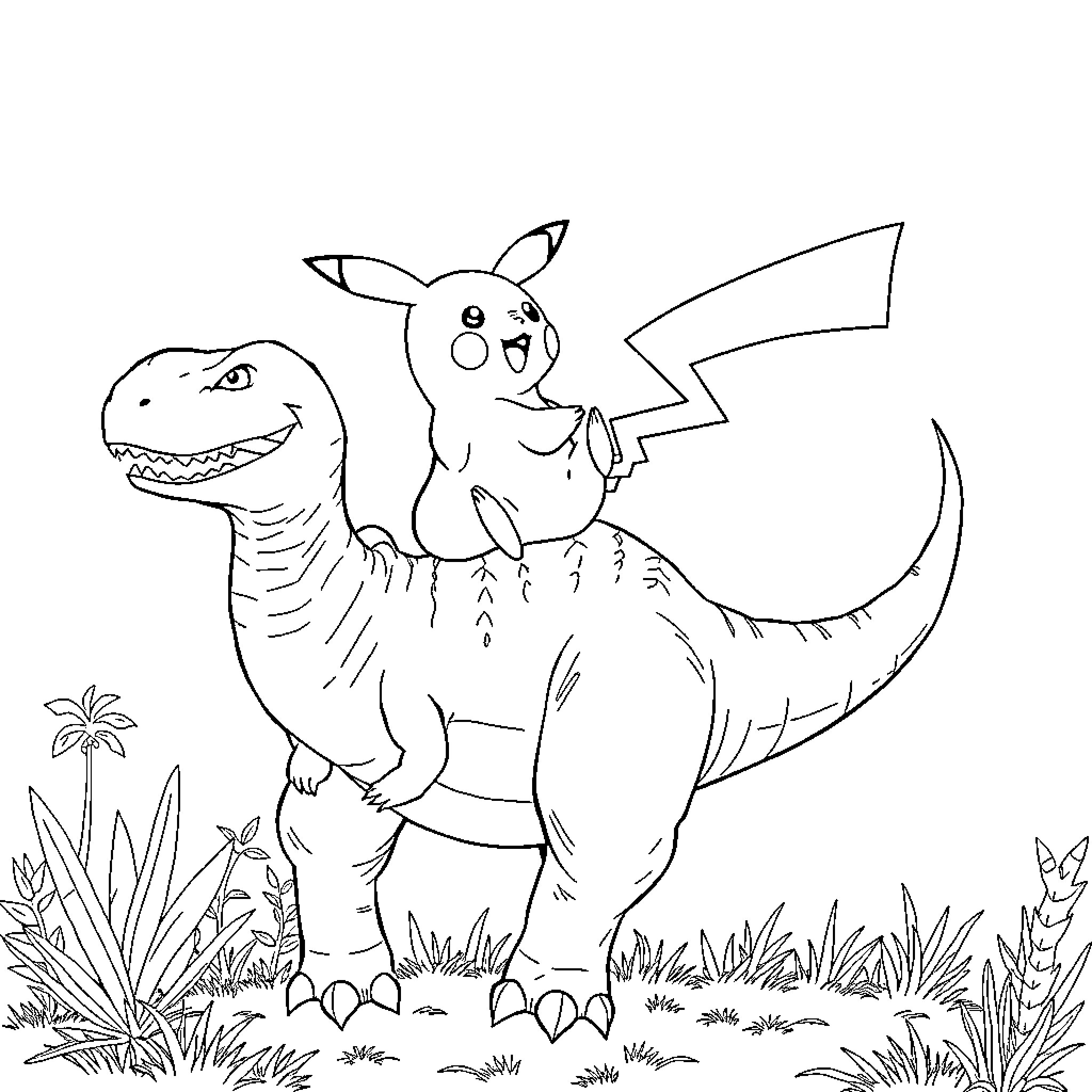 Pikachu riding a dinosaur in a nature scene Coloring Page (free black-and-white line drawing printable PDF for all, from beginners to advanced learners, including children, teens, adults, and seniors)