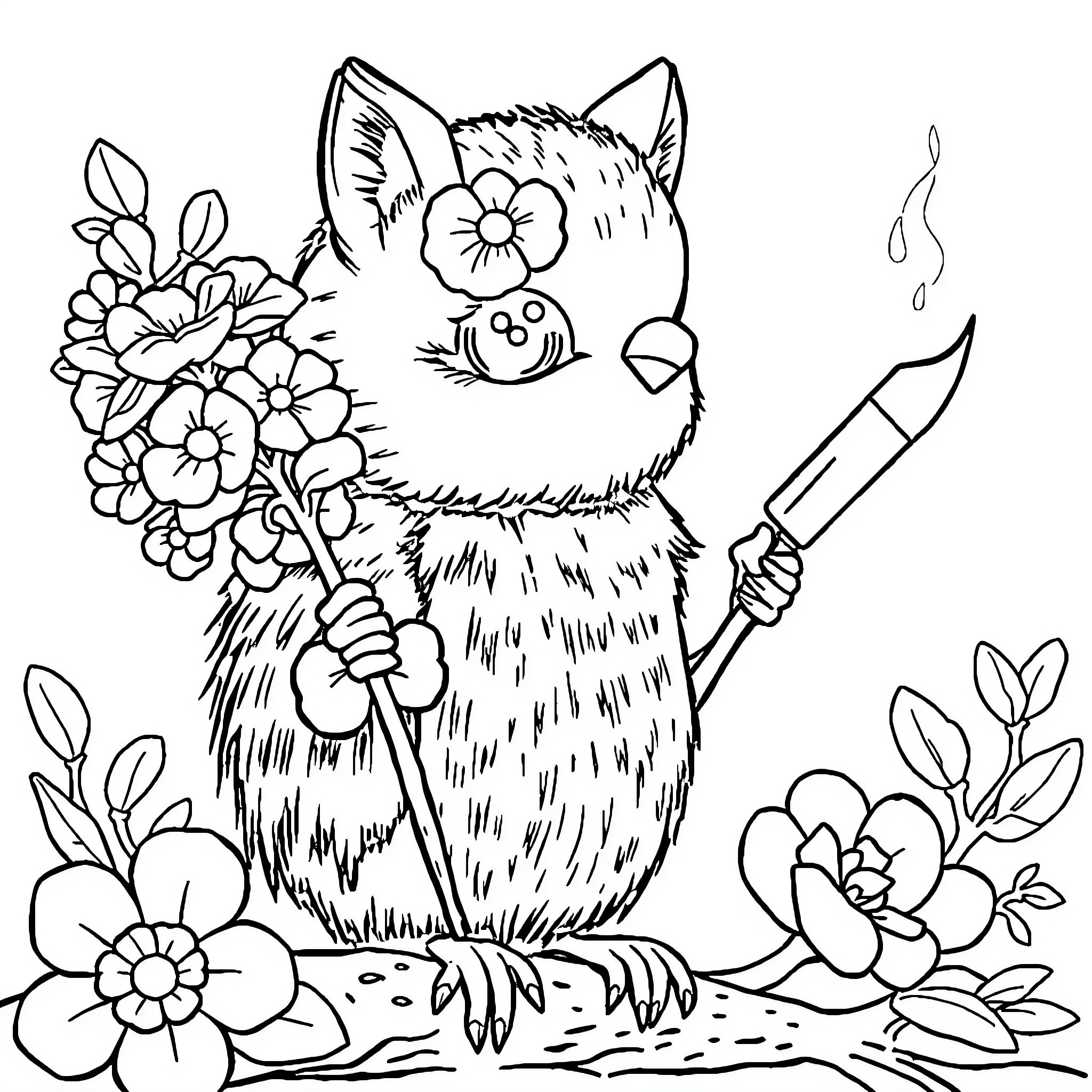 Bear Holding Flowers and Paintbrush in Garden Coloring Page (free black-and-white line drawing printable PDF for all, from beginners to advanced learners, including children, teens, adults, and seniors)