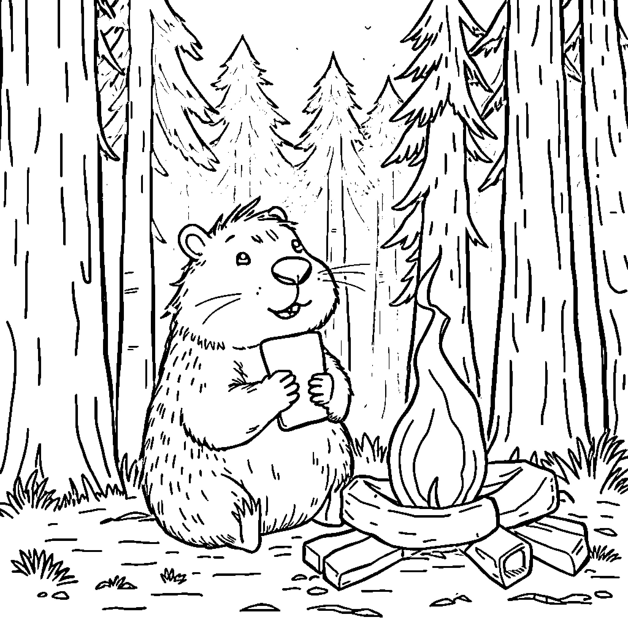 Capybara Relaxing by Campfire in Forested Area Coloring Page (free black-and-white line drawing printable PDF for all, from beginners to advanced learners, including children, teens, adults, and seniors)