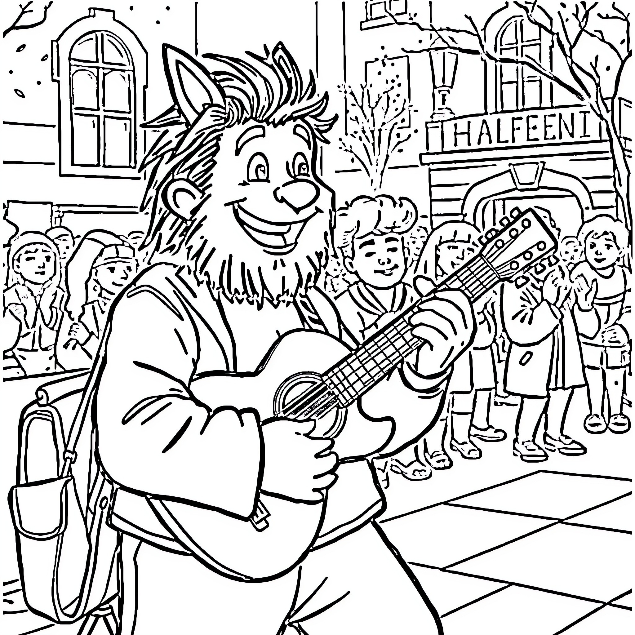 Halfelin musician entertains the crowd in a village Coloring Page (free black-and-white line drawing printable PDF for all, from beginners to advanced learners, including children, teens, adults, and seniors)