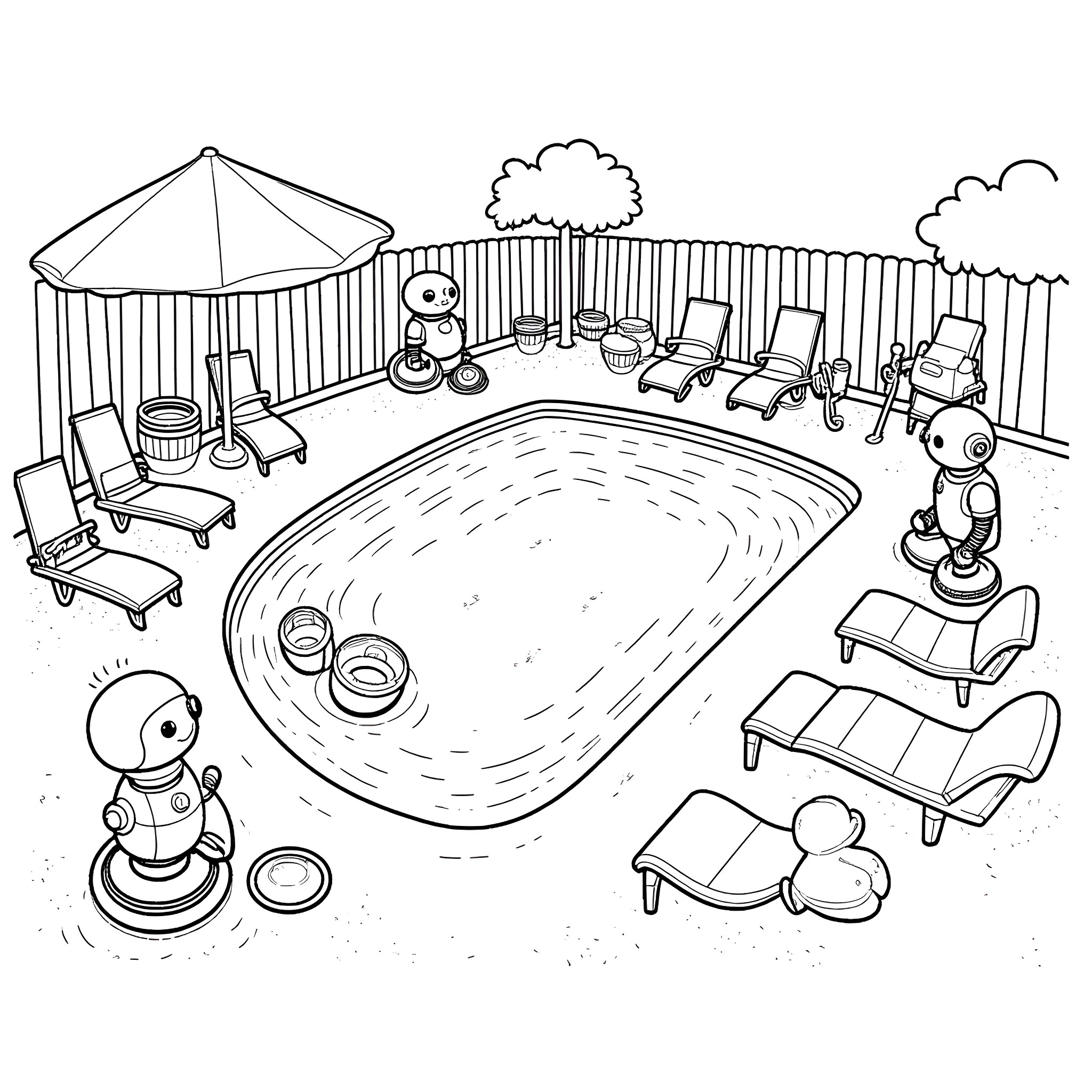Robot helpers relaxing by the pool Coloring Page (free black-and-white line drawing printable PDF for all, from beginners to advanced learners, including children, teens, adults, and seniors)