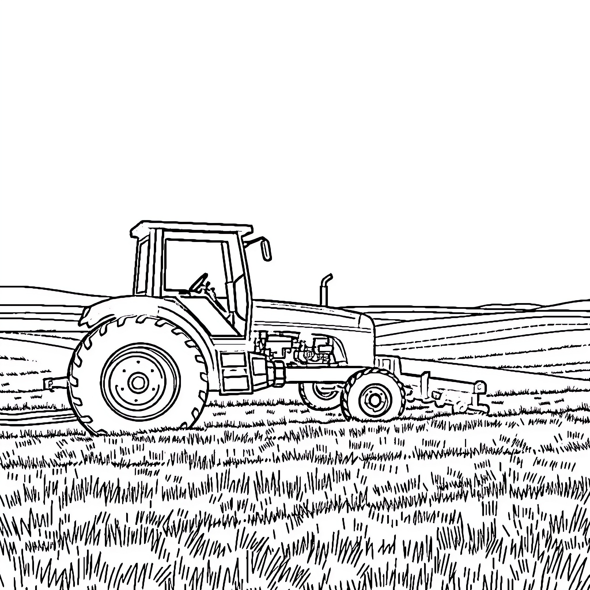 Tractor plowing through the field Coloring Page (free black-and-white line drawing printable PDF for all, from beginners to advanced learners, including children, teens, adults, and seniors)