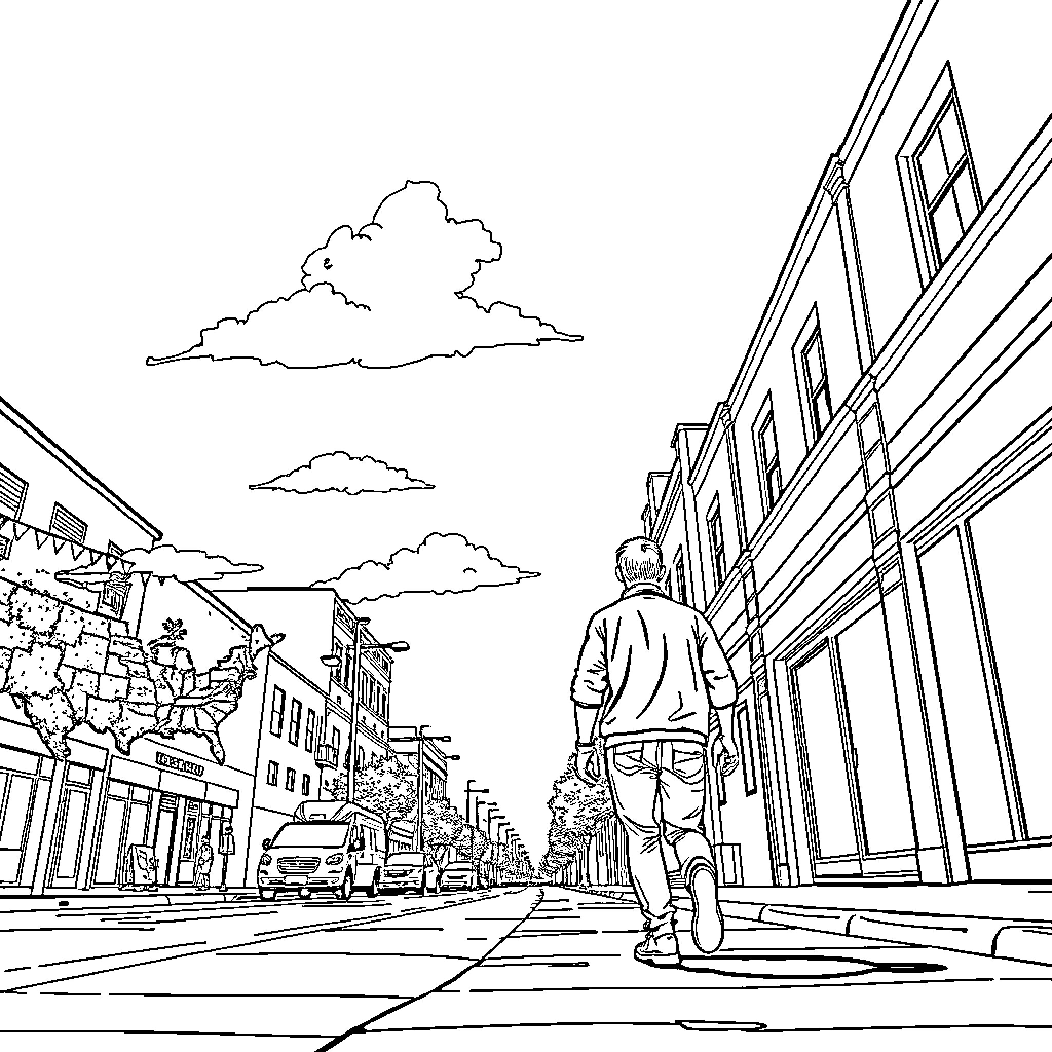 Man walking alone on downtown street Coloring Page (free black-and-white line drawing printable PDF for all, from beginners to advanced learners, including children, teens, adults, and seniors)