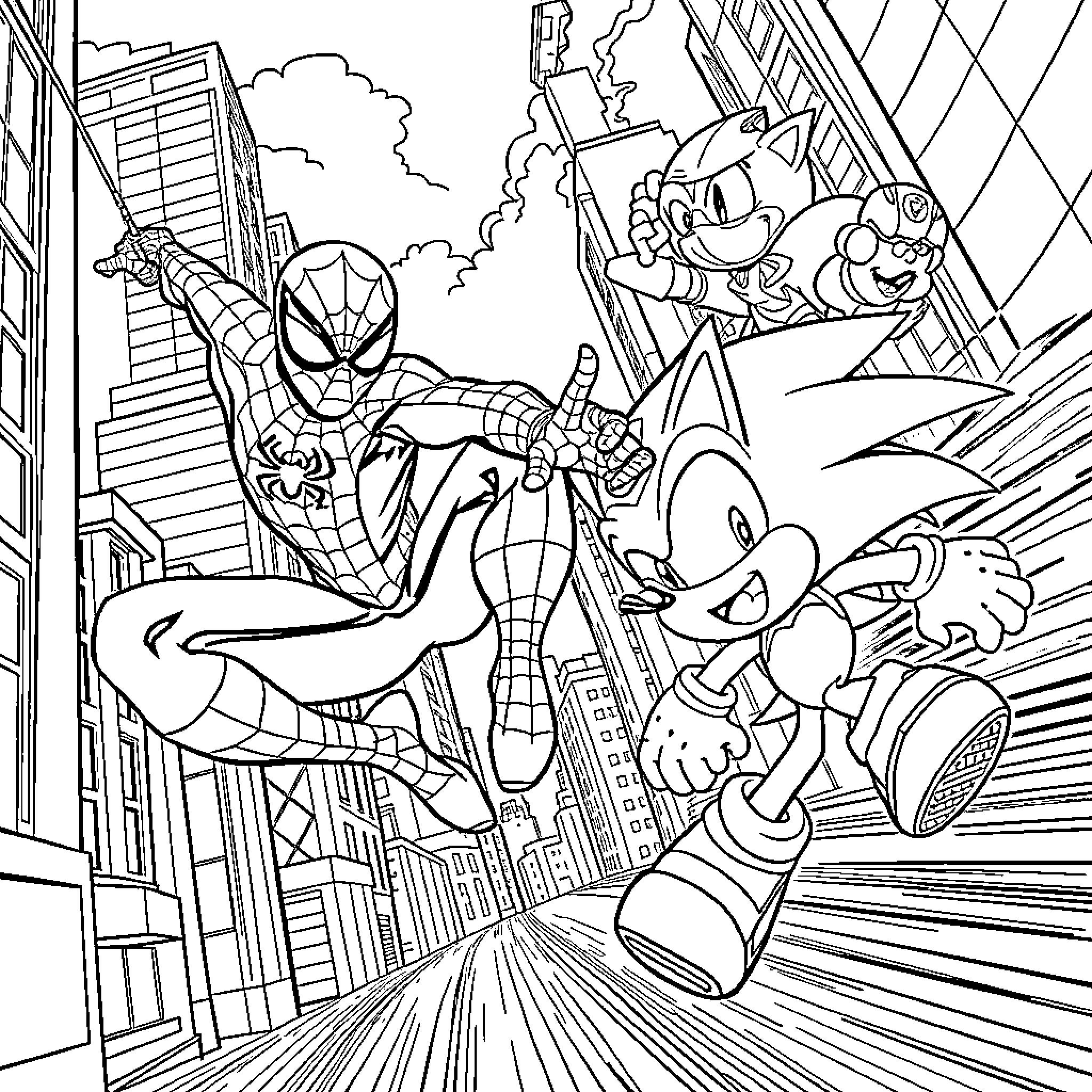 Sonic and Spider-Man heroic adventure through the city Coloring Page (free black-and-white line drawing printable PDF for all, from beginners to advanced learners, including children, teens, adults, and seniors)