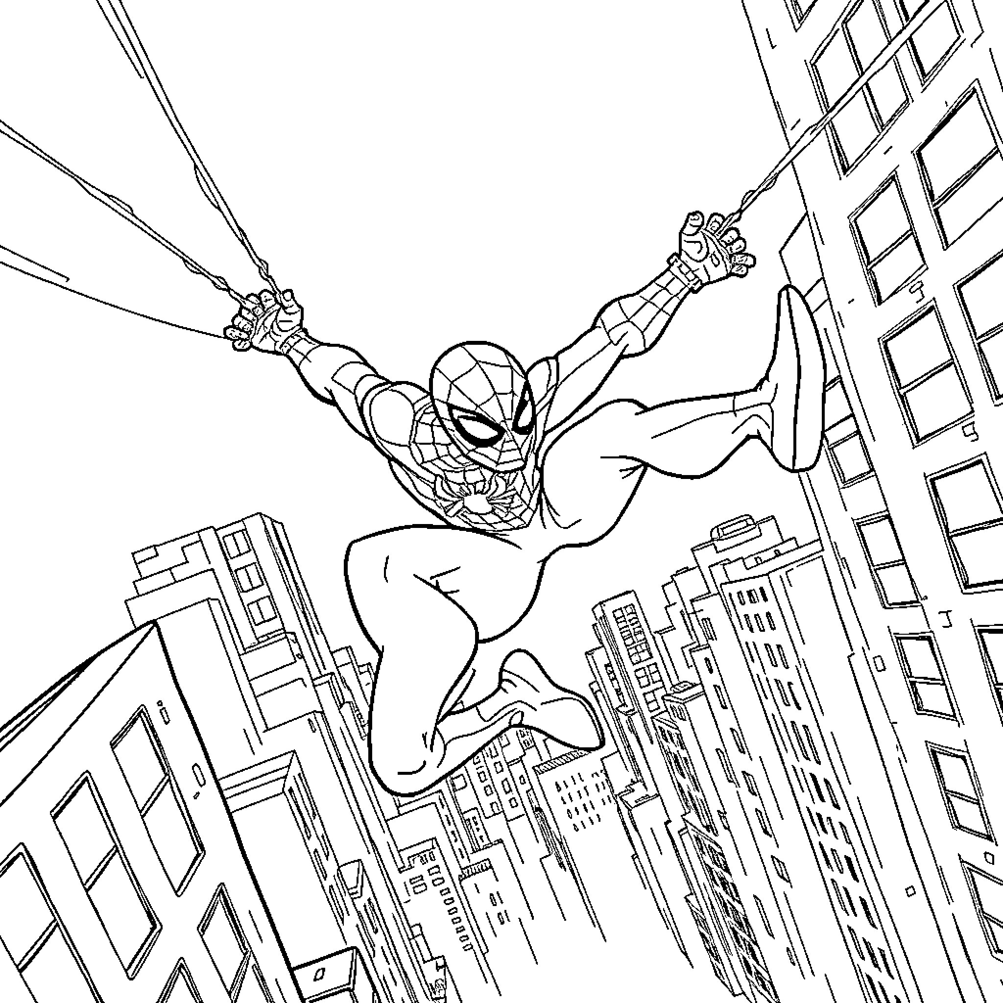 Spiderman swinging through the city skyline Coloring Page (free black-and-white line drawing printable PDF for all, from beginners to advanced learners, including children, teens, adults, and seniors)