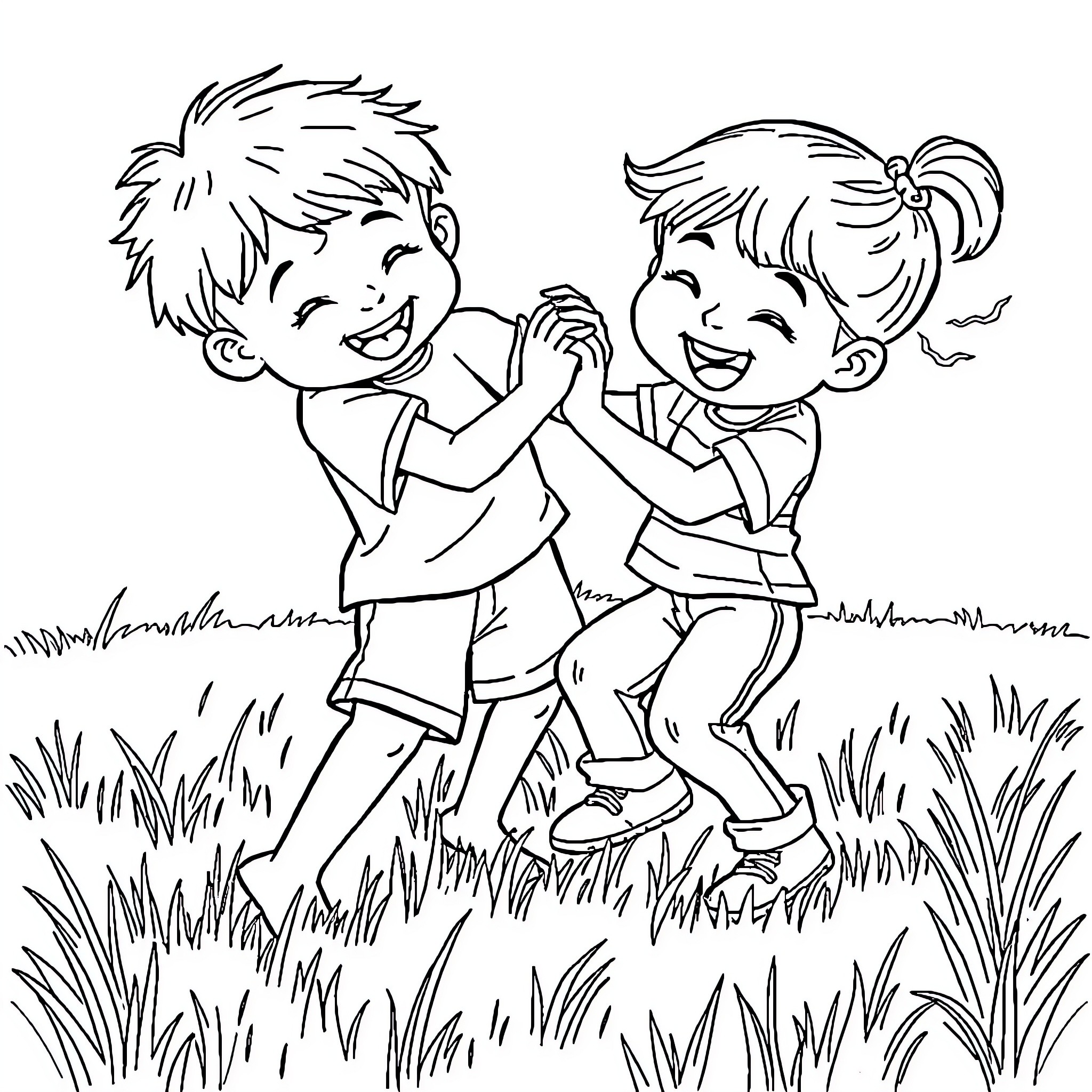 Wrestling friends in the meadow Coloring Page (free black-and-white line drawing printable PDF for all, from beginners to advanced learners, including children, teens, adults, and seniors)