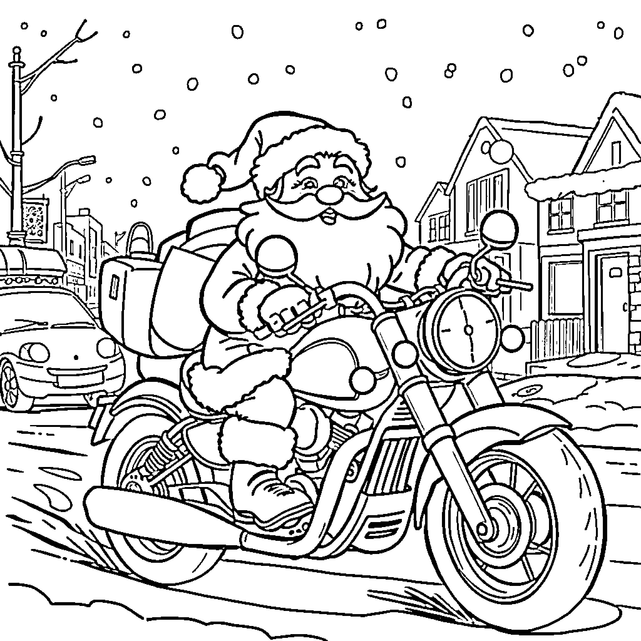 Santa Claus riding a motorcycle through a snowy town Coloring Page (free black-and-white line drawing printable PDF for all, from beginners to advanced learners, including children, teens, adults, and seniors)