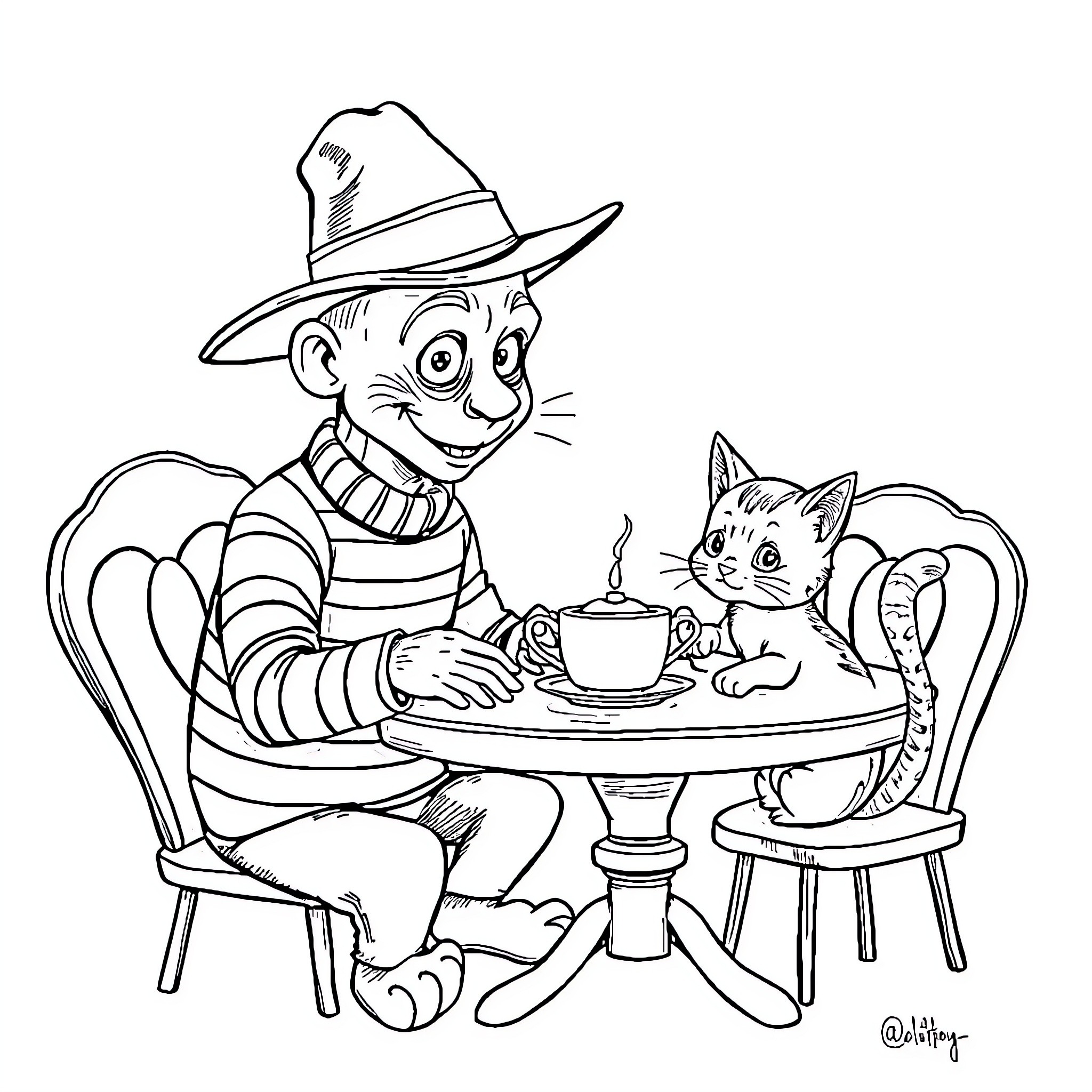 Cat and Whimsical Man Sharing Tea Coloring Page (free black-and-white line drawing printable PDF for all, from beginners to advanced learners, including children, teens, adults, and seniors)