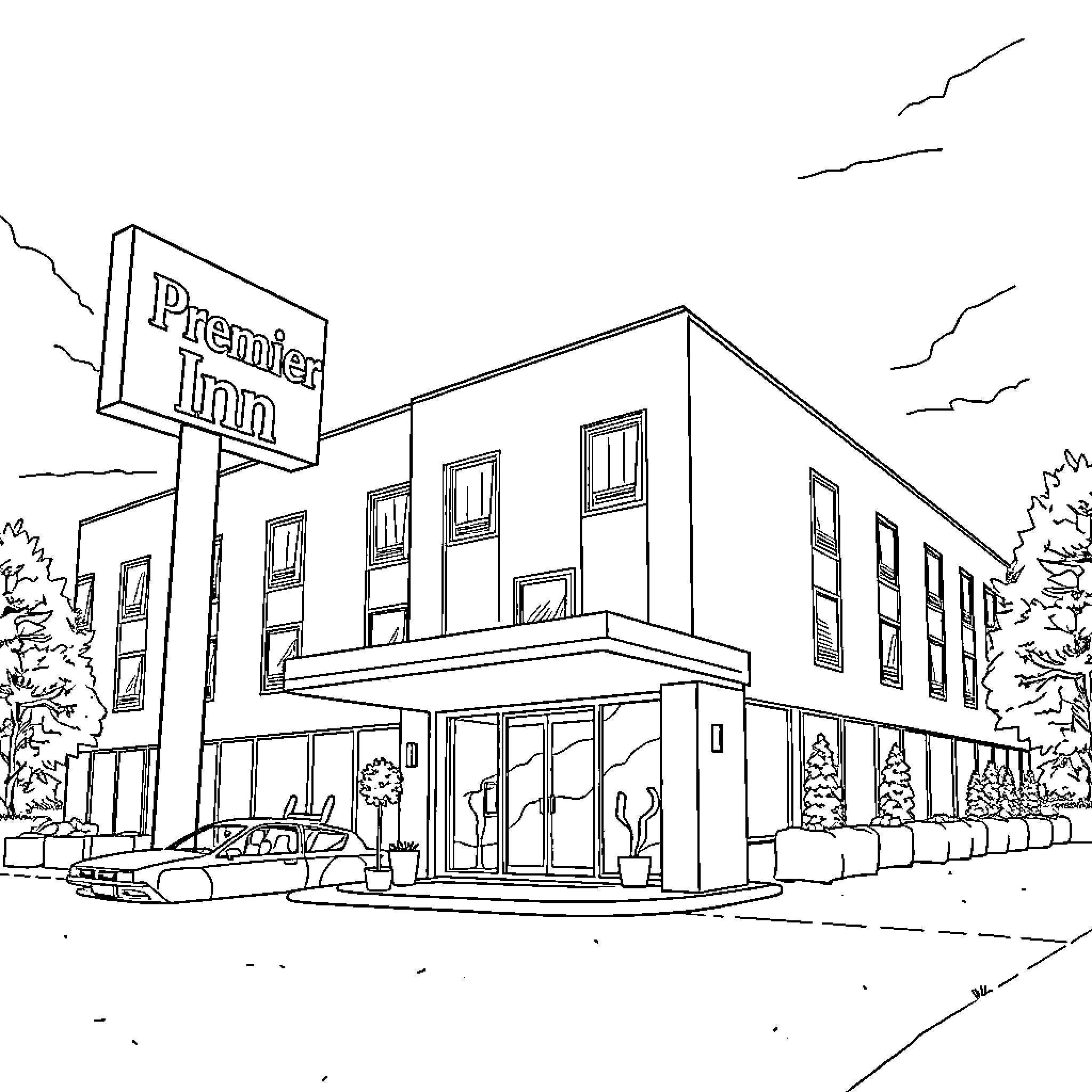 Hotel with modern architecture and landscaping Coloring Page (free black-and-white line drawing printable PDF for all, from beginners to advanced learners, including children, teens, adults, and seniors)