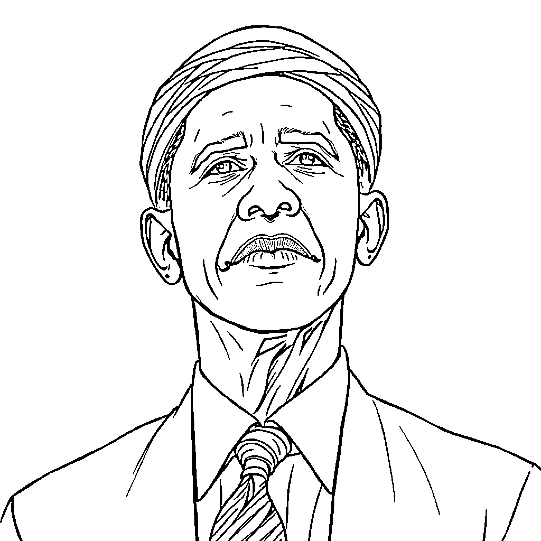 Obama in pensive serious expression and professional attire Coloring Page (free black-and-white line drawing printable PDF for all, from beginners to advanced learners, including children, teens, adults, and seniors)