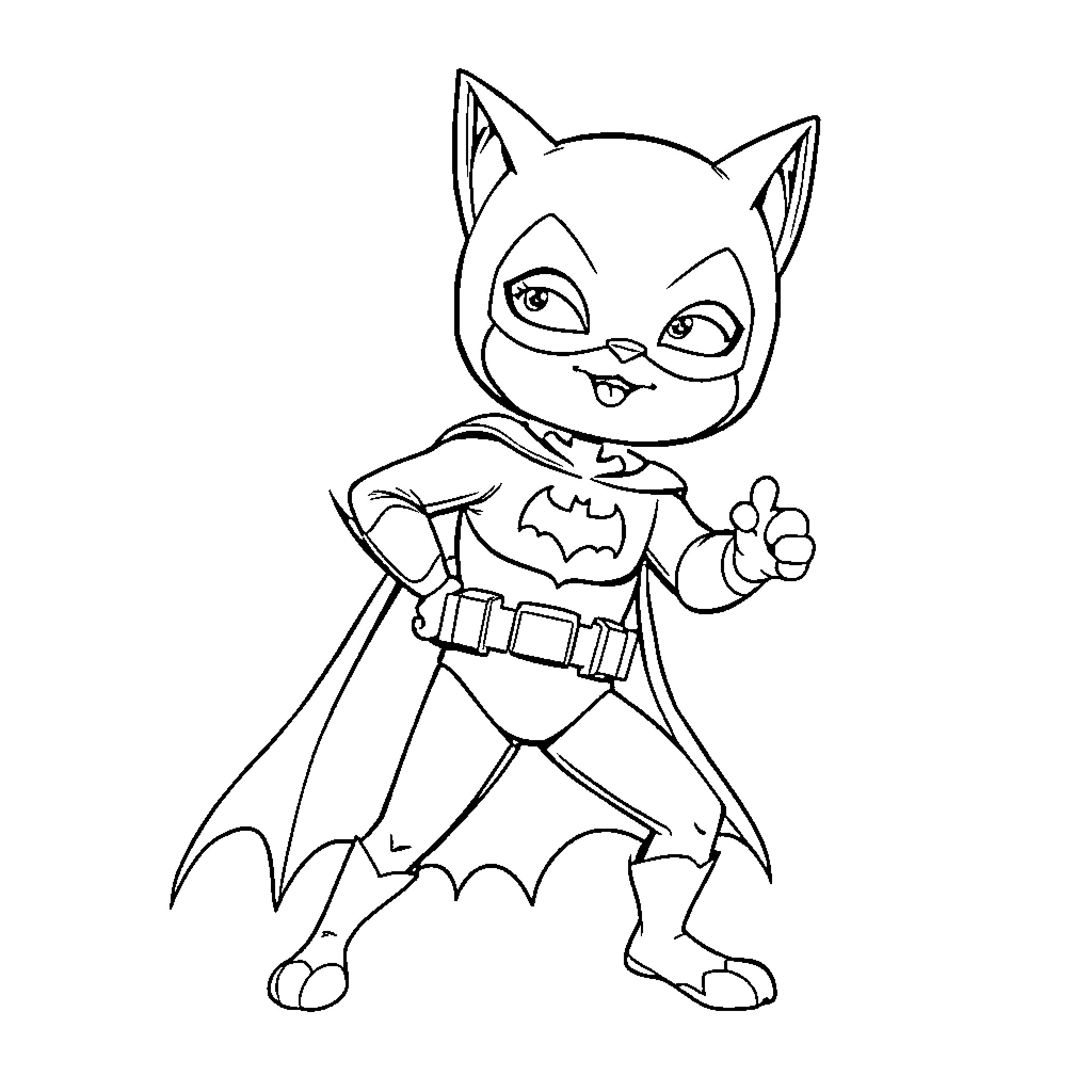 Cat superhero in action pose Coloring Page (free black-and-white line drawing printable PDF for all, from beginners to advanced learners, including children, teens, adults, and seniors)