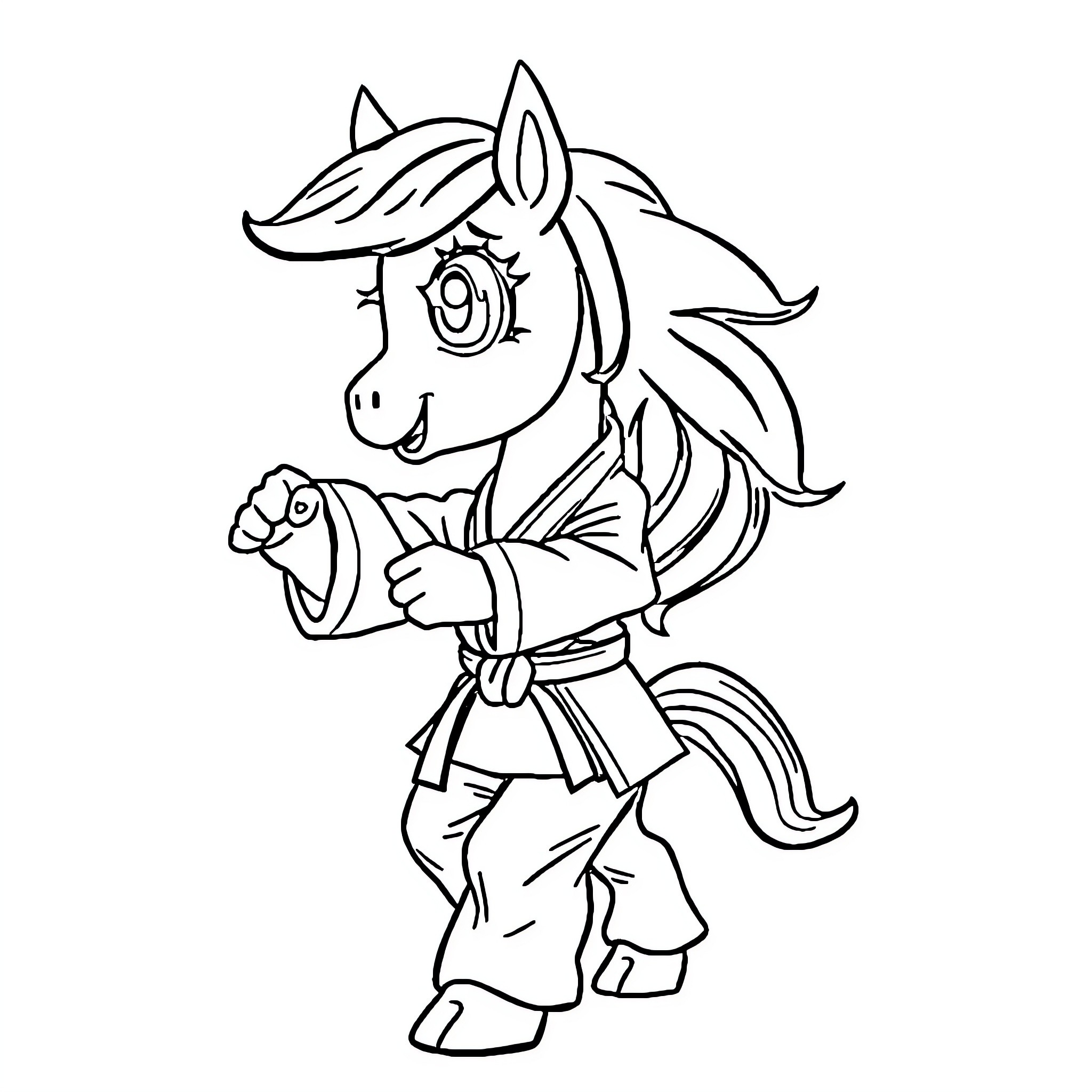 Pony martial artist performing in traditional outfit Coloring Page (free black-and-white line drawing printable PDF for all, from beginners to advanced learners, including children, teens, adults, and seniors)