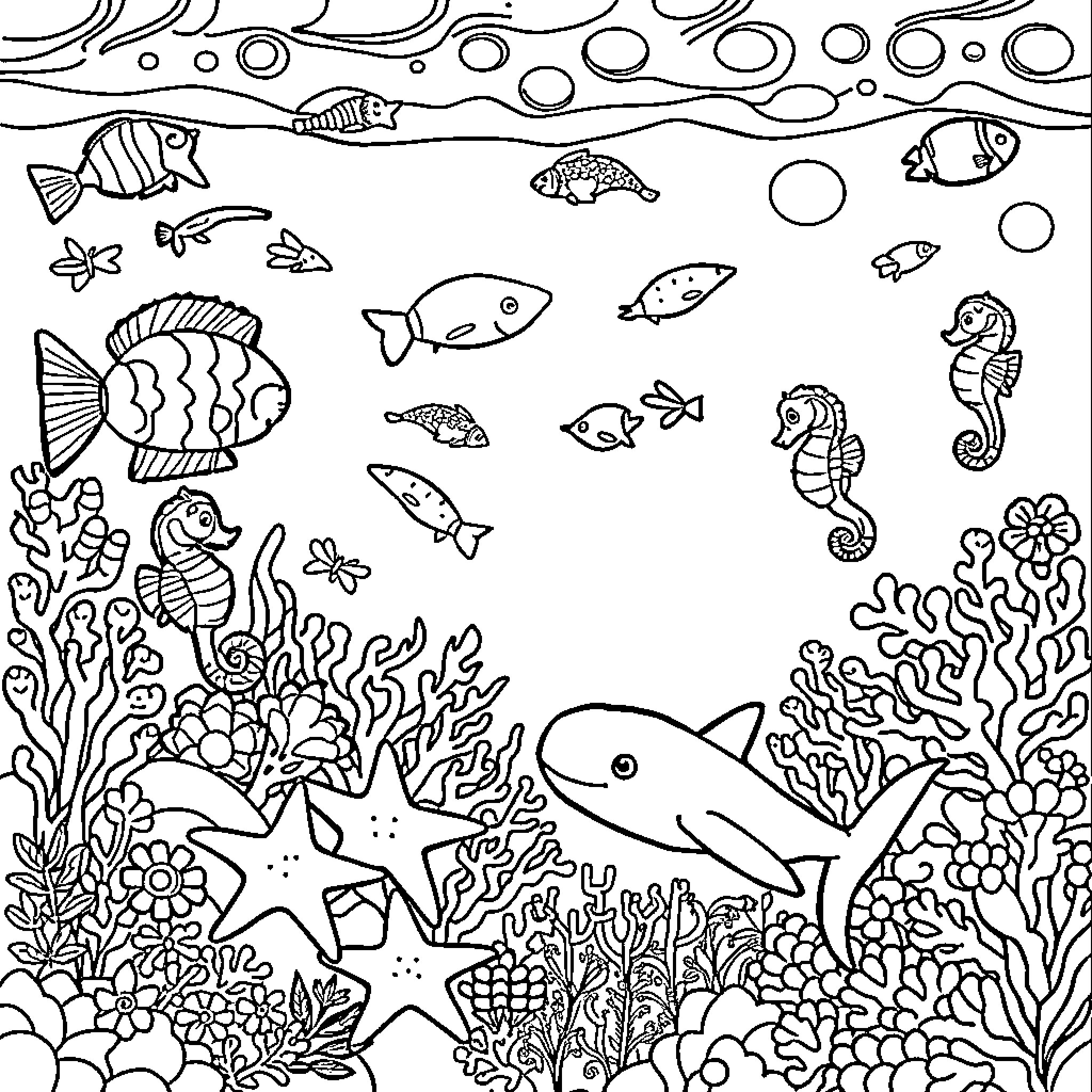Underwater Underwater Aquatic Life Coloring Page (free black-and-white line drawing printable PDF for all, from beginners to advanced learners, including children, teens, adults, and seniors)