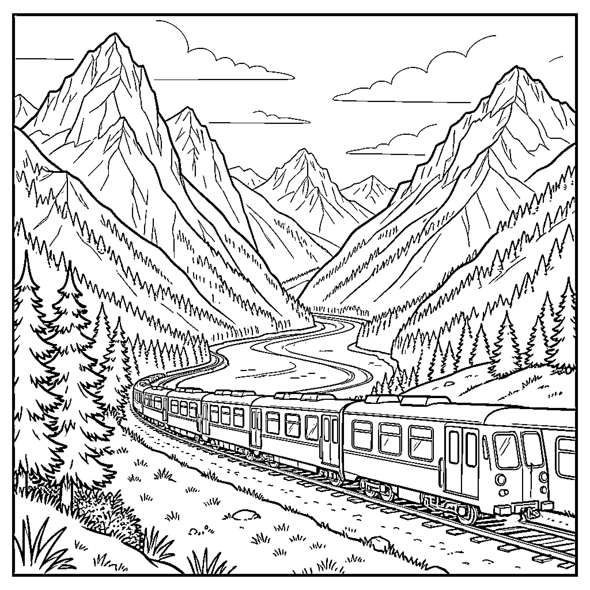Train traveling through a scenic mountain valley Coloring Page (free black-and-white line drawing printable PDF for all, from beginners to advanced learners, including children, teens, adults, and seniors)