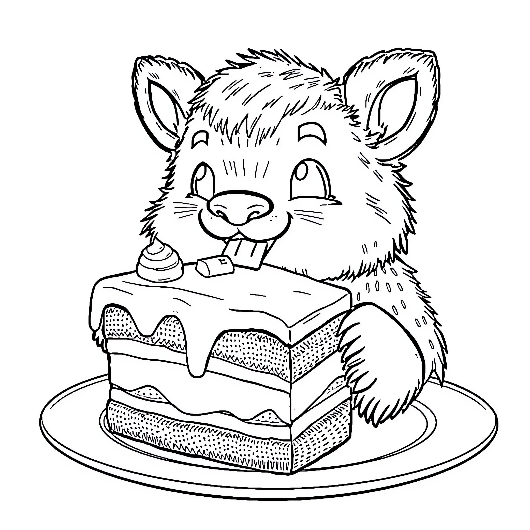 Labubu Enjoying a Delightful Cake Coloring Page (free black-and-white line drawing printable PDF for all, from beginners to advanced learners, including children, teens, adults, and seniors)