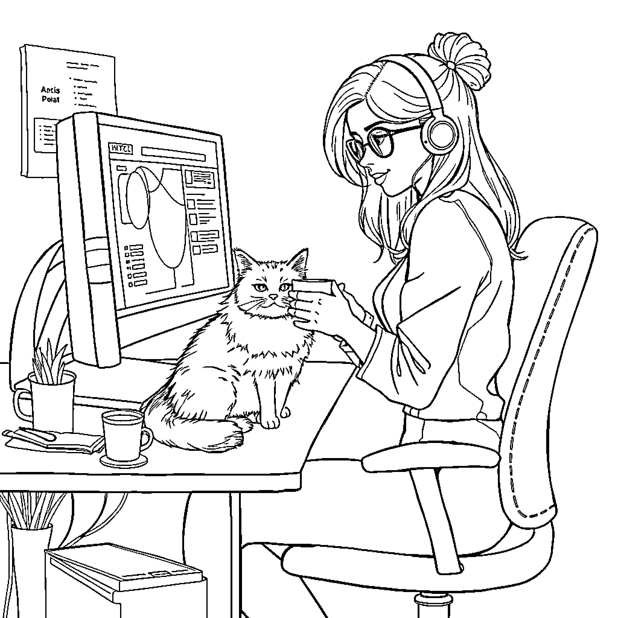 Cat and Owner Working Together at Computer Coloring Page (free black-and-white line drawing printable PDF for all, from beginners to advanced learners, including children, teens, adults, and seniors)