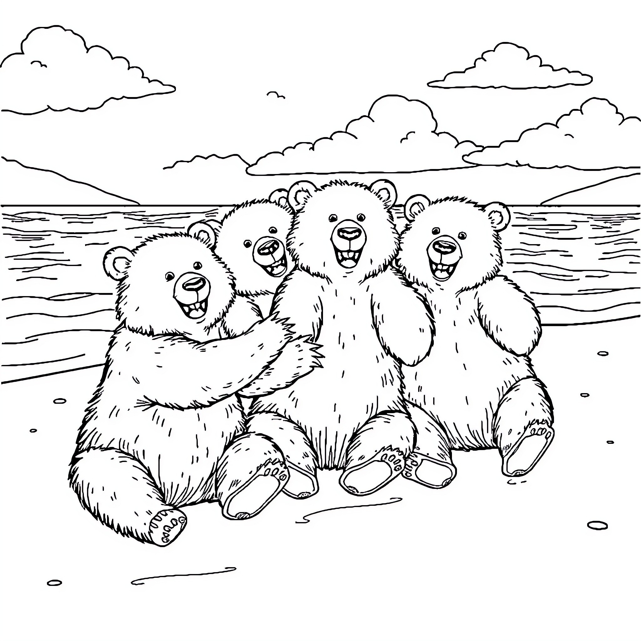 Bears playing together on the beach Coloring Page (free black-and-white line drawing printable PDF for all, from beginners to advanced learners, including children, teens, adults, and seniors)