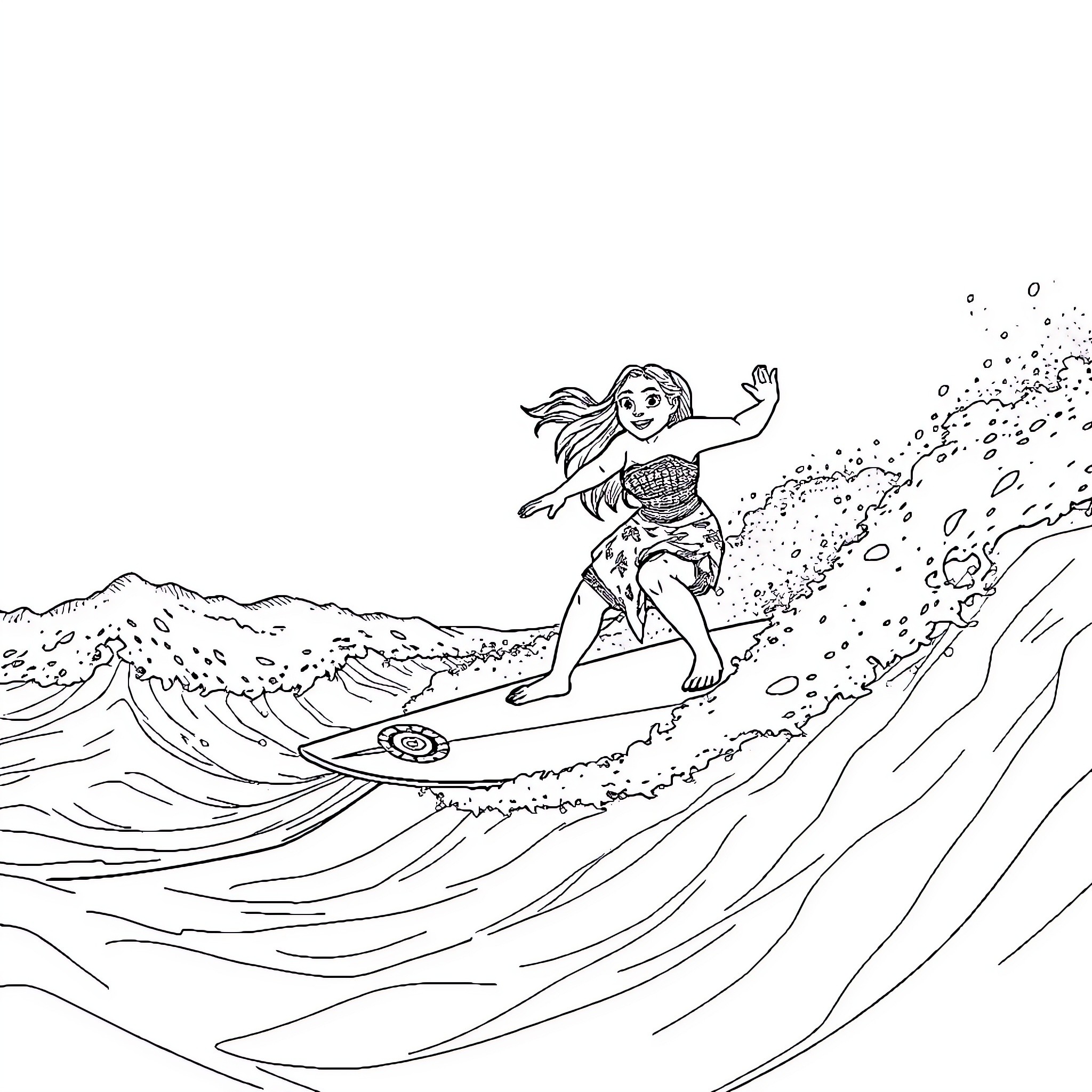 Moana surfing through the waves Coloring Page (free black-and-white line drawing printable PDF for all, from beginners to advanced learners, including children, teens, adults, and seniors)