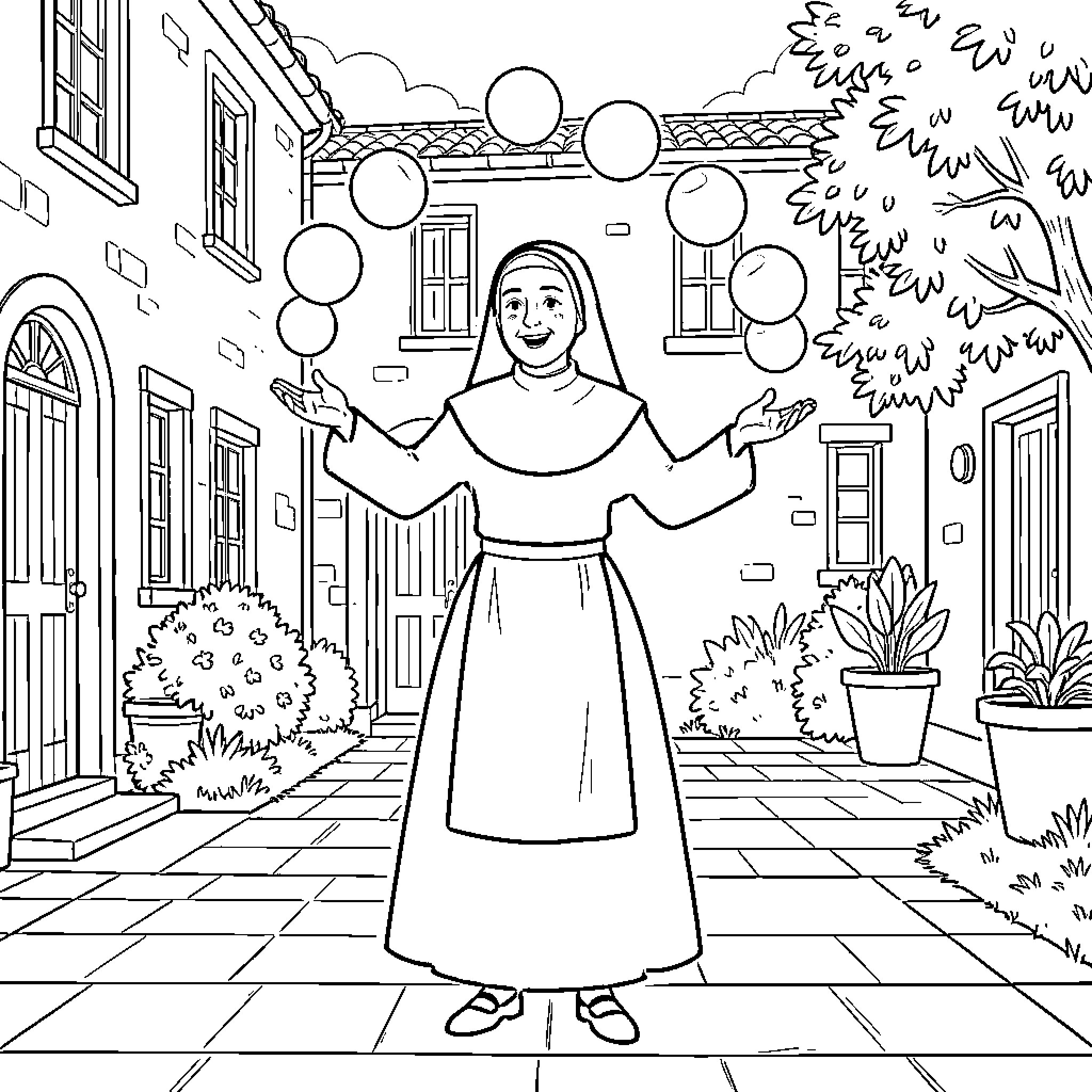 Nun enjoying the outdoor garden Coloring Page (free black-and-white line drawing printable PDF for all, from beginners to advanced learners, including children, teens, adults, and seniors)