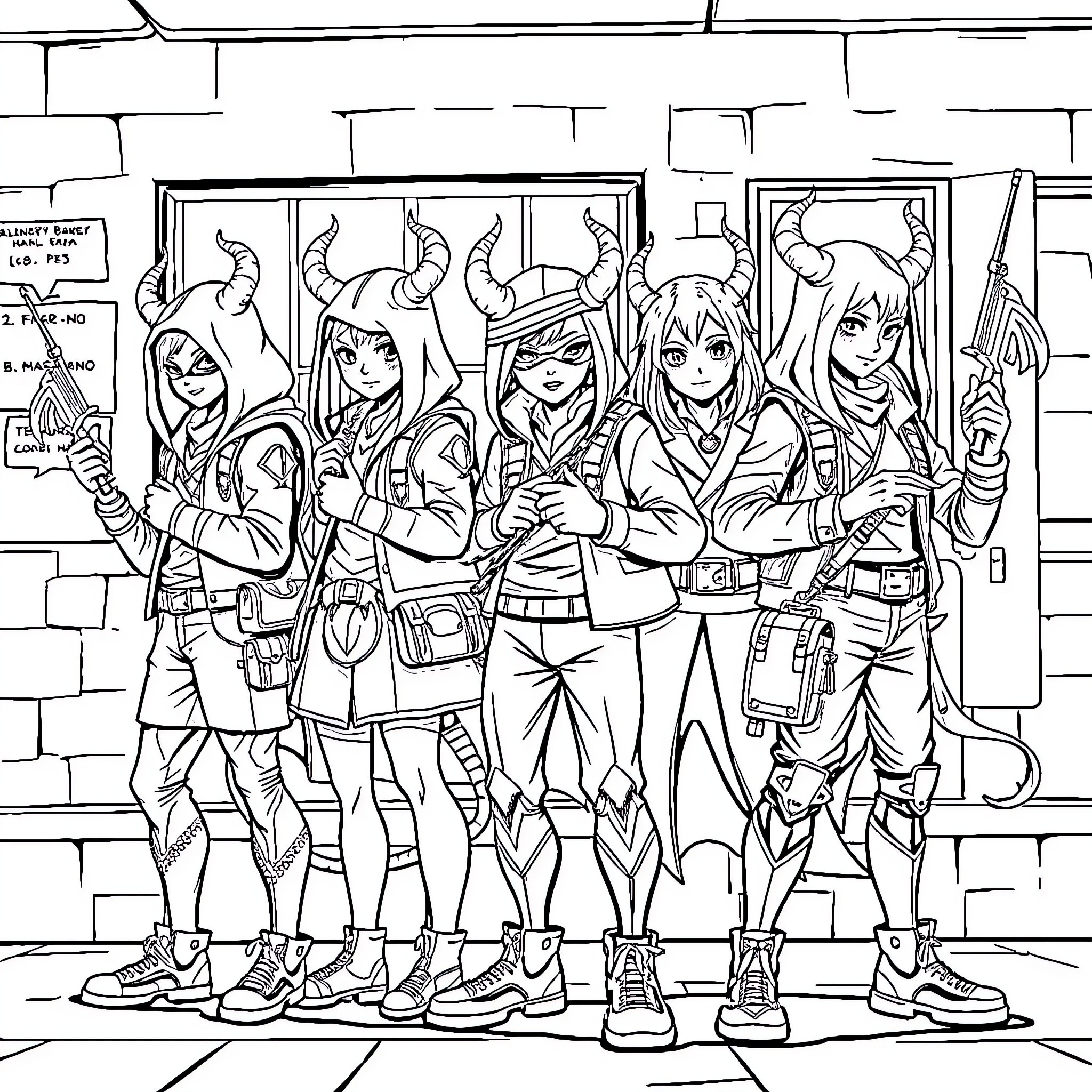 Demon Hunters Assembling for Battle Coloring Page (free black-and-white line drawing printable PDF for all, from beginners to advanced learners, including children, teens, adults, and seniors)