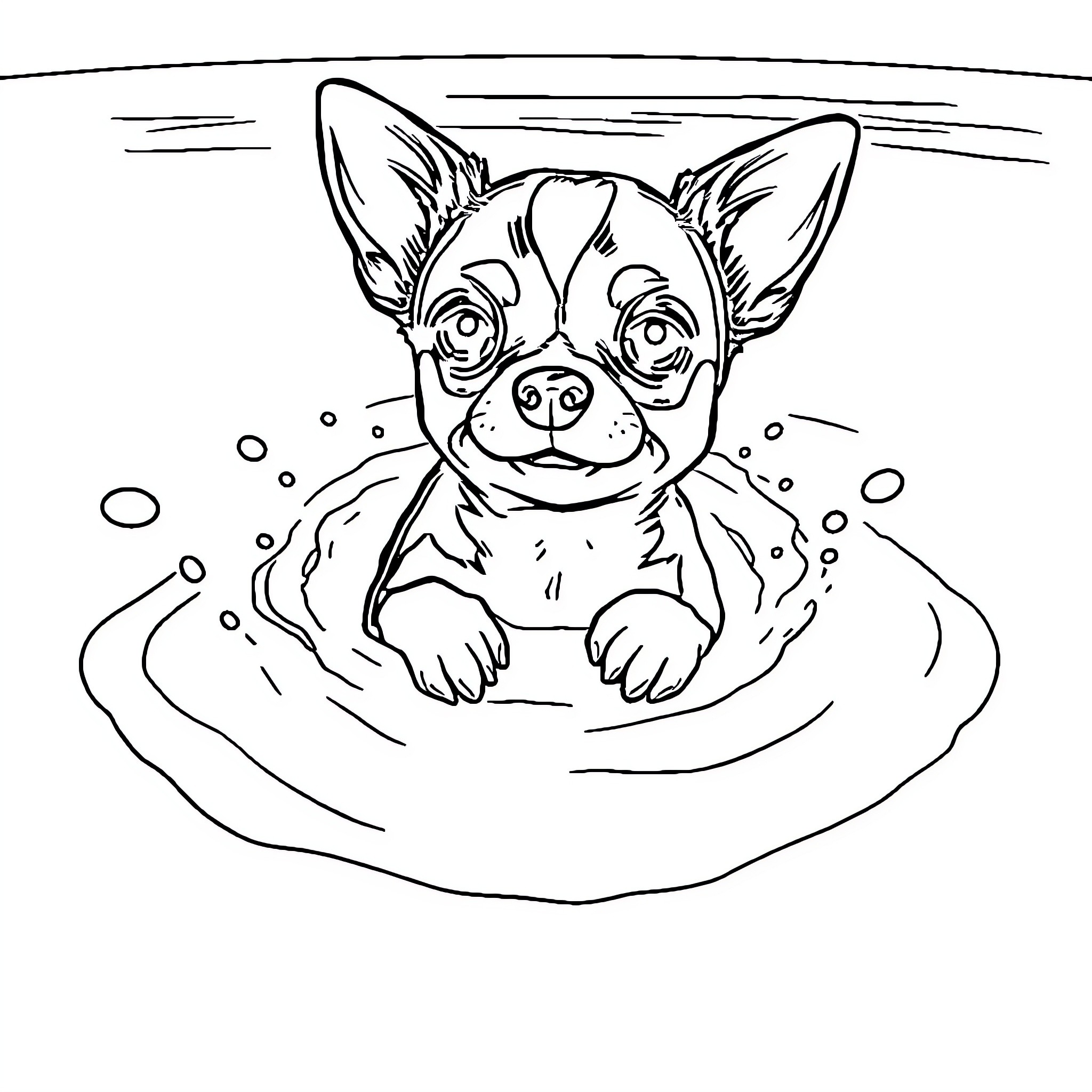 Chihuahua enjoying a relaxing bath Coloring Page (free black-and-white line drawing printable PDF for all, from beginners to advanced learners, including children, teens, adults, and seniors)