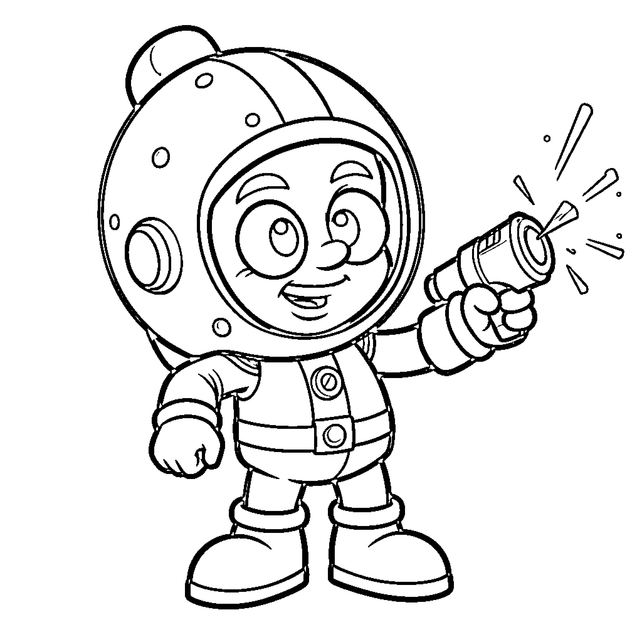 Marvin the astronaut holding a flashlight while smiling Coloring Page (free black-and-white line drawing printable PDF for all, from beginners to advanced learners, including children, teens, adults, and seniors)