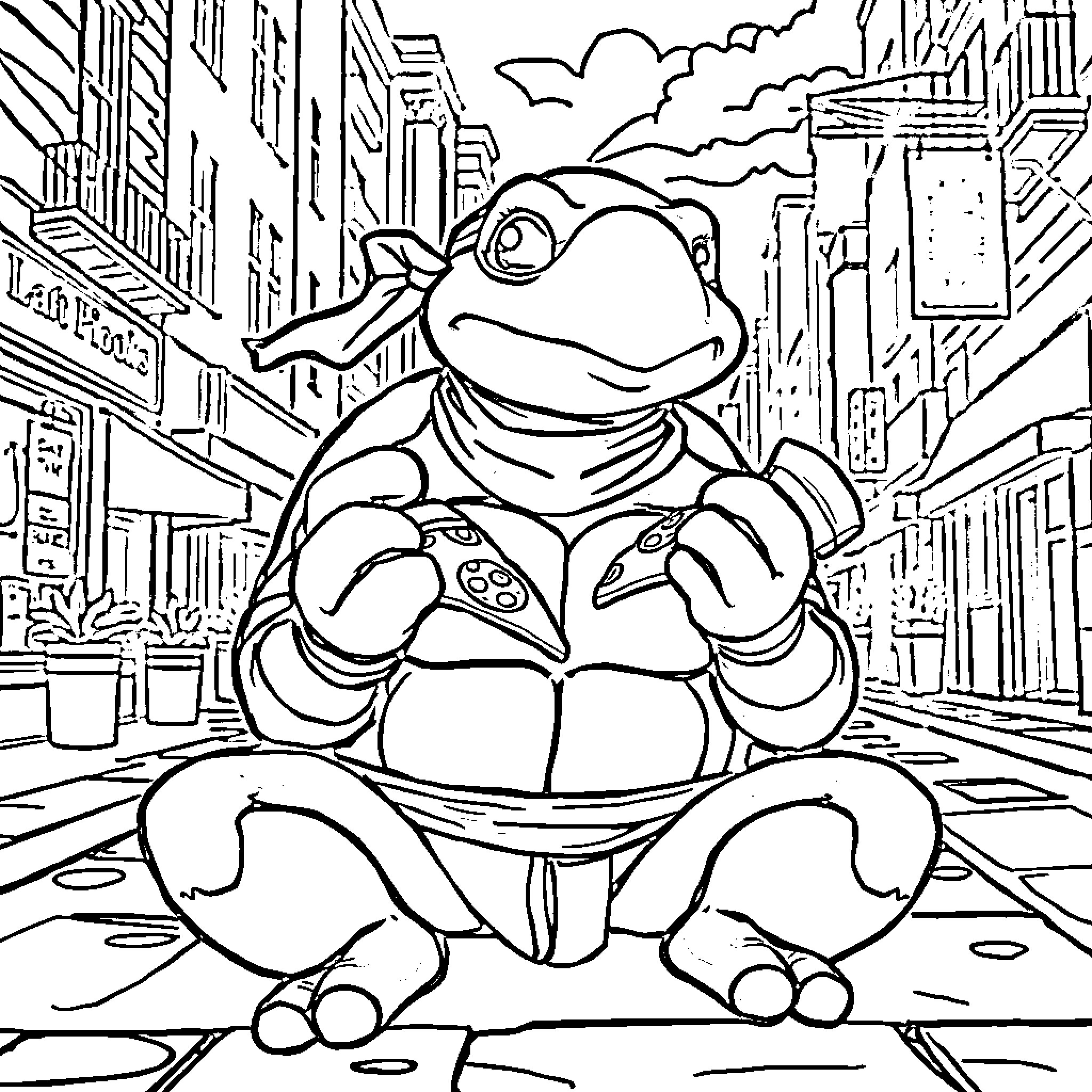 Ninja Turtle exploring the bustling city streets Coloring Page (free black-and-white line drawing printable PDF for all, from beginners to advanced learners, including children, teens, adults, and seniors)