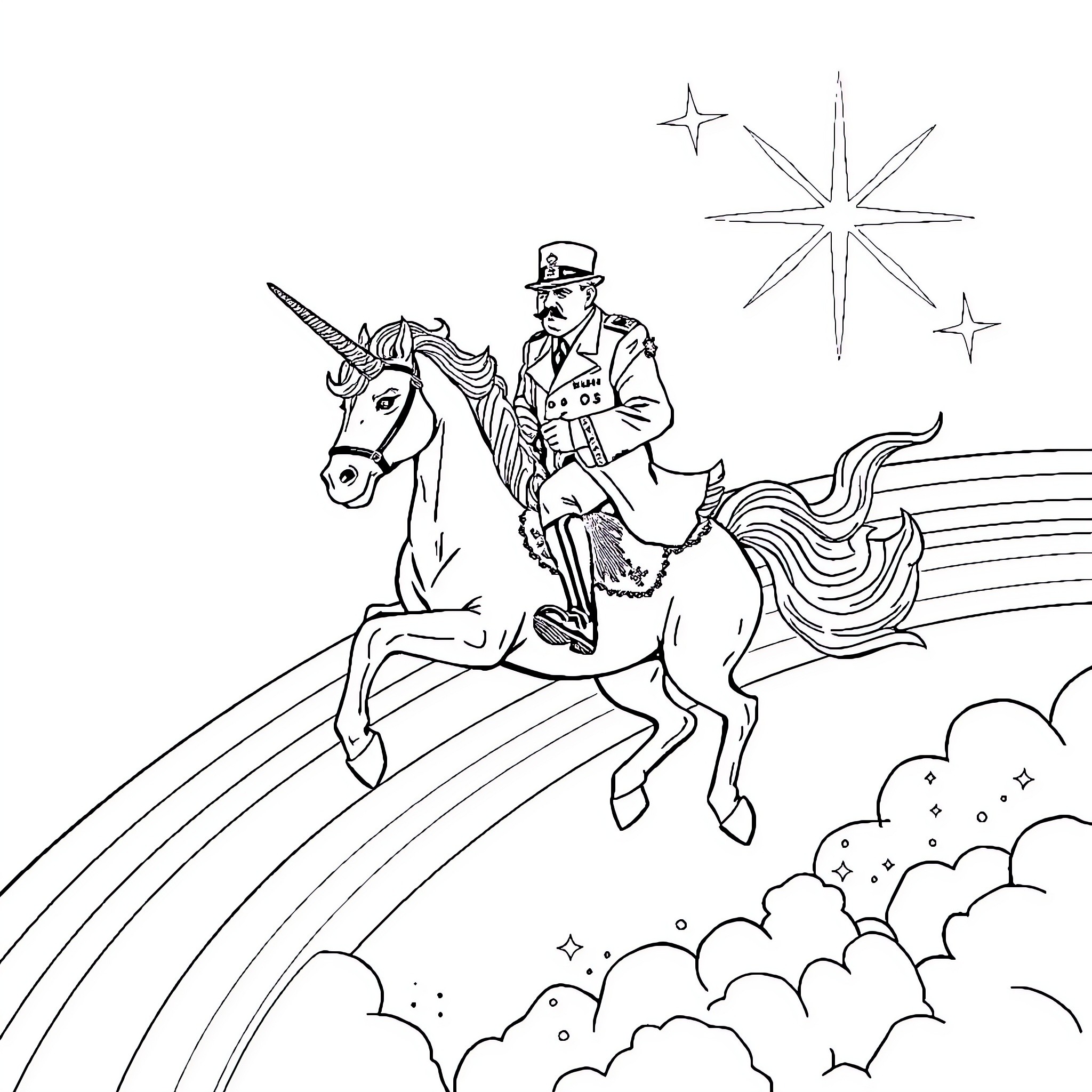Unicorn Rider Soaring Through Starry Skies Coloring Page (free black-and-white line drawing printable PDF for all, from beginners to advanced learners, including children, teens, adults, and seniors)