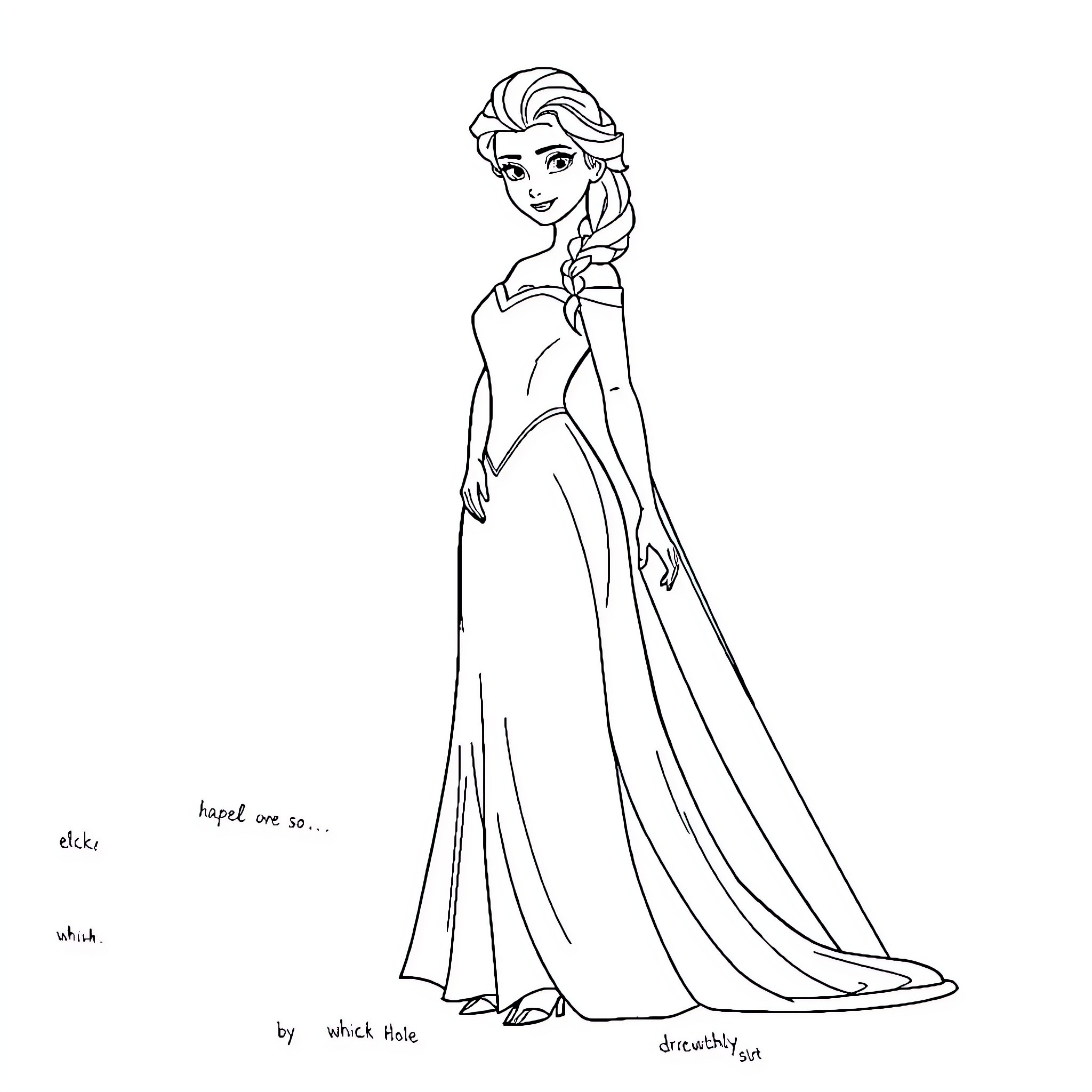Elsa in her elegant dress Coloring Page (free black-and-white line drawing printable PDF for all, from beginners to advanced learners, including children, teens, adults, and seniors)
