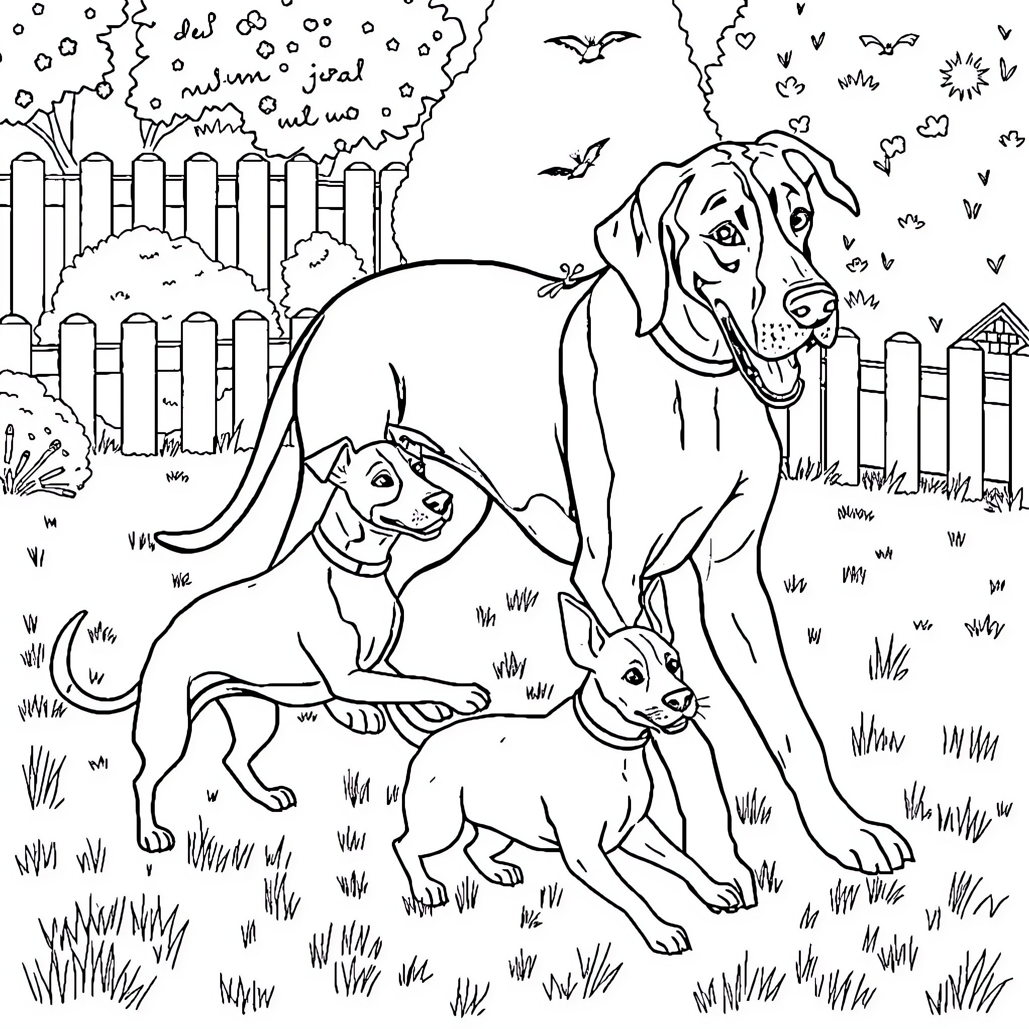 Dog family playing in the yard Coloring Page (free black-and-white line drawing printable PDF for all, from beginners to advanced learners, including children, teens, adults, and seniors)