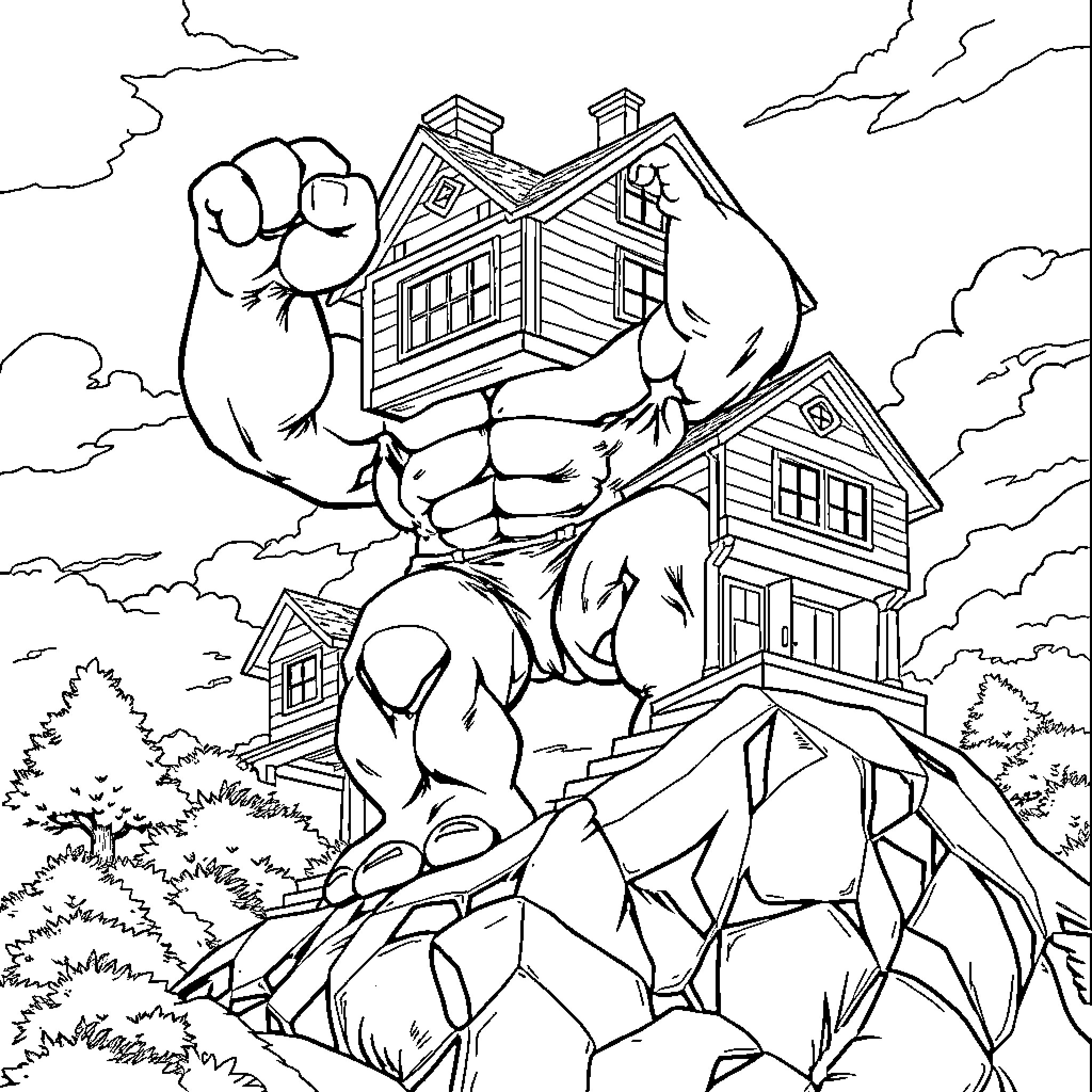 Hulk Smashing Through a Damaged House Coloring Page (free black-and-white line drawing printable PDF for all, from beginners to advanced learners, including children, teens, adults, and seniors)