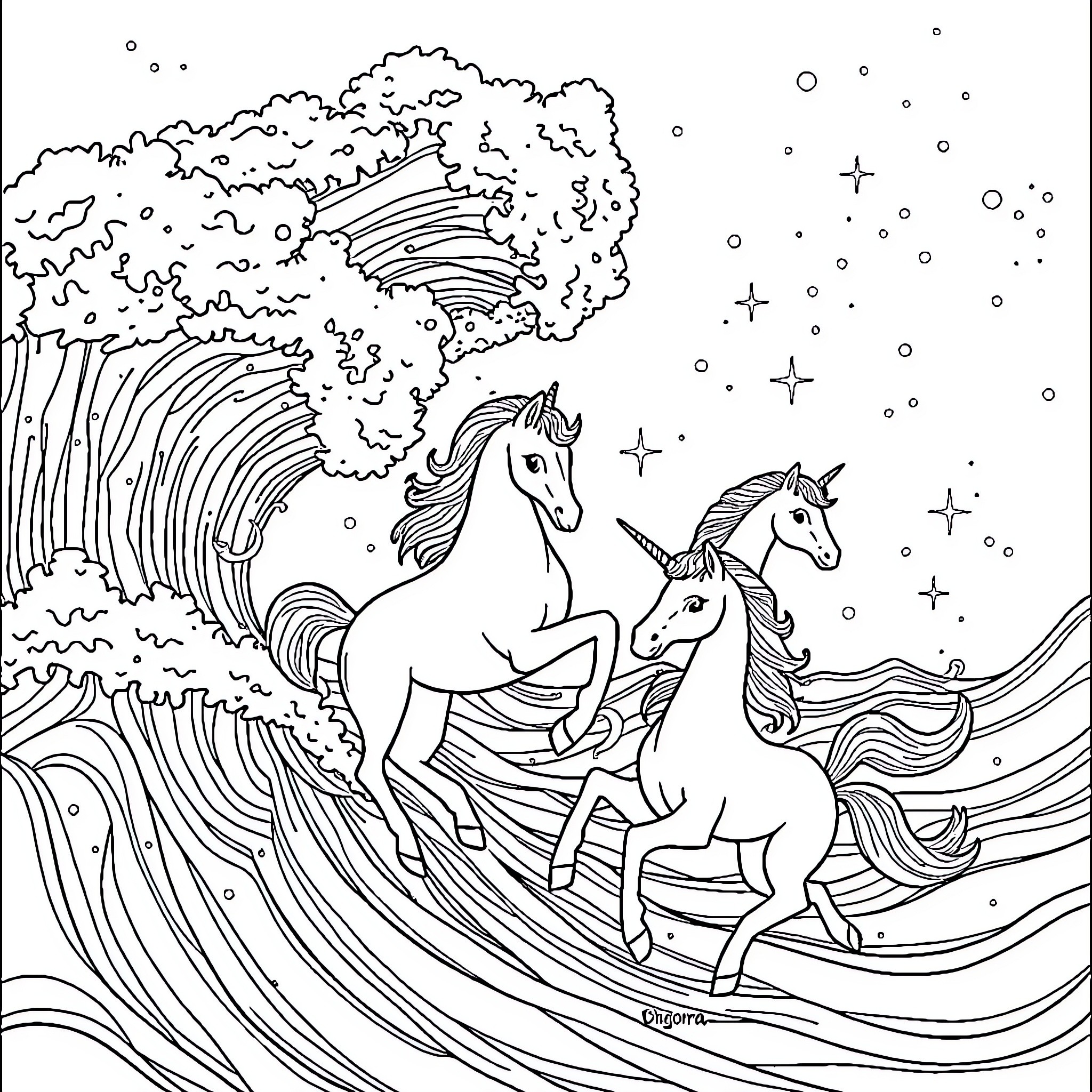 Unicorn Stampede Through Magical Waves and Stars Coloring Page (free black-and-white line drawing printable PDF for all, from beginners to advanced learners, including children, teens, adults, and seniors)