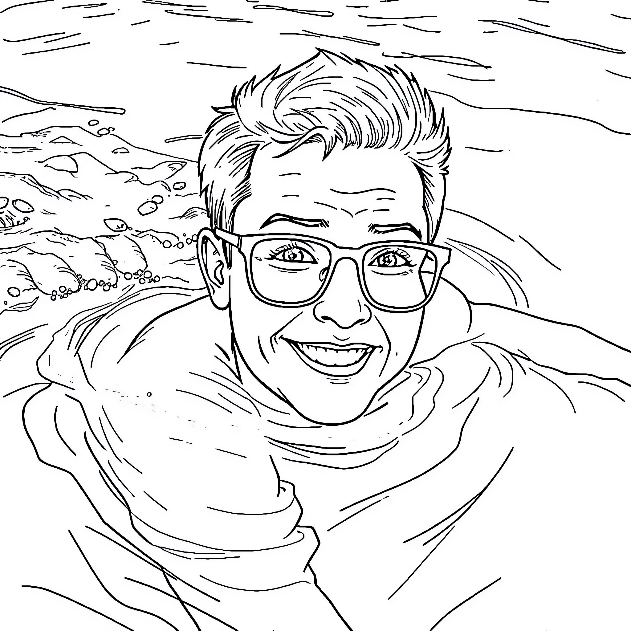 Teacher smiling cheerfully in an outdoor setting Coloring Page (free black-and-white line drawing printable PDF for all, from beginners to advanced learners, including children, teens, adults, and seniors)