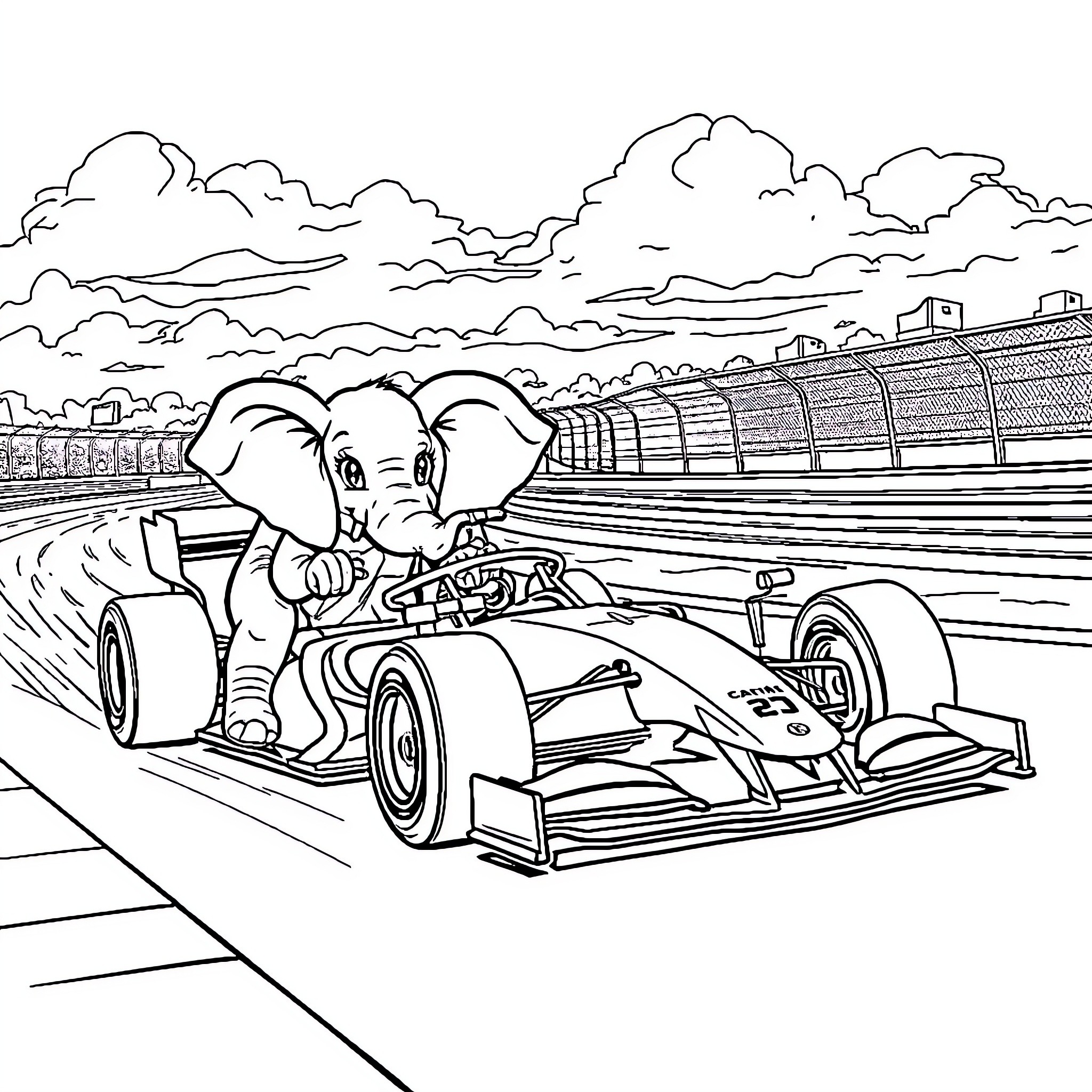 Formula 1 Car with Elephant Driver Racing on Track Coloring Page (free black-and-white line drawing printable PDF for all, from beginners to advanced learners, including children, teens, adults, and seniors)