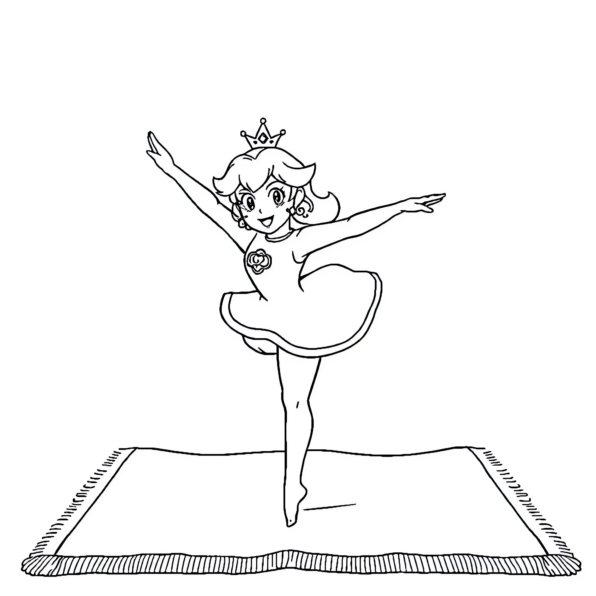 Princess Peach dancing gracefully on stage Coloring Page (free black-and-white line drawing printable PDF for all, from beginners to advanced learners, including children, teens, adults, and seniors)