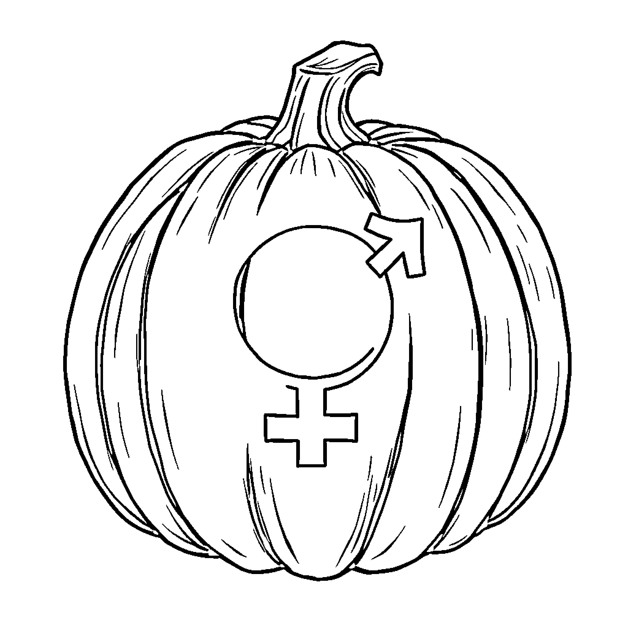 Pumpkin with gender symbols Coloring Page (free black-and-white line drawing printable PDF for all, from beginners to advanced learners, including children, teens, adults, and seniors)
