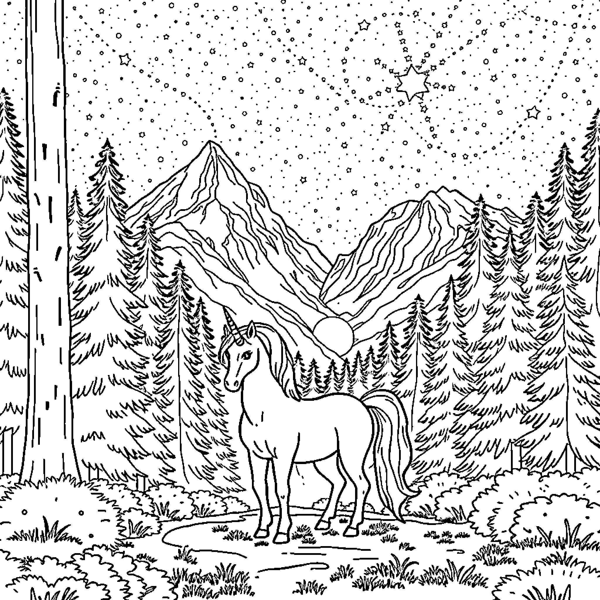 Unicorn standing majestic in the snowy landscape Coloring Page (free black-and-white line drawing printable PDF for all, from beginners to advanced learners, including children, teens, adults, and seniors)