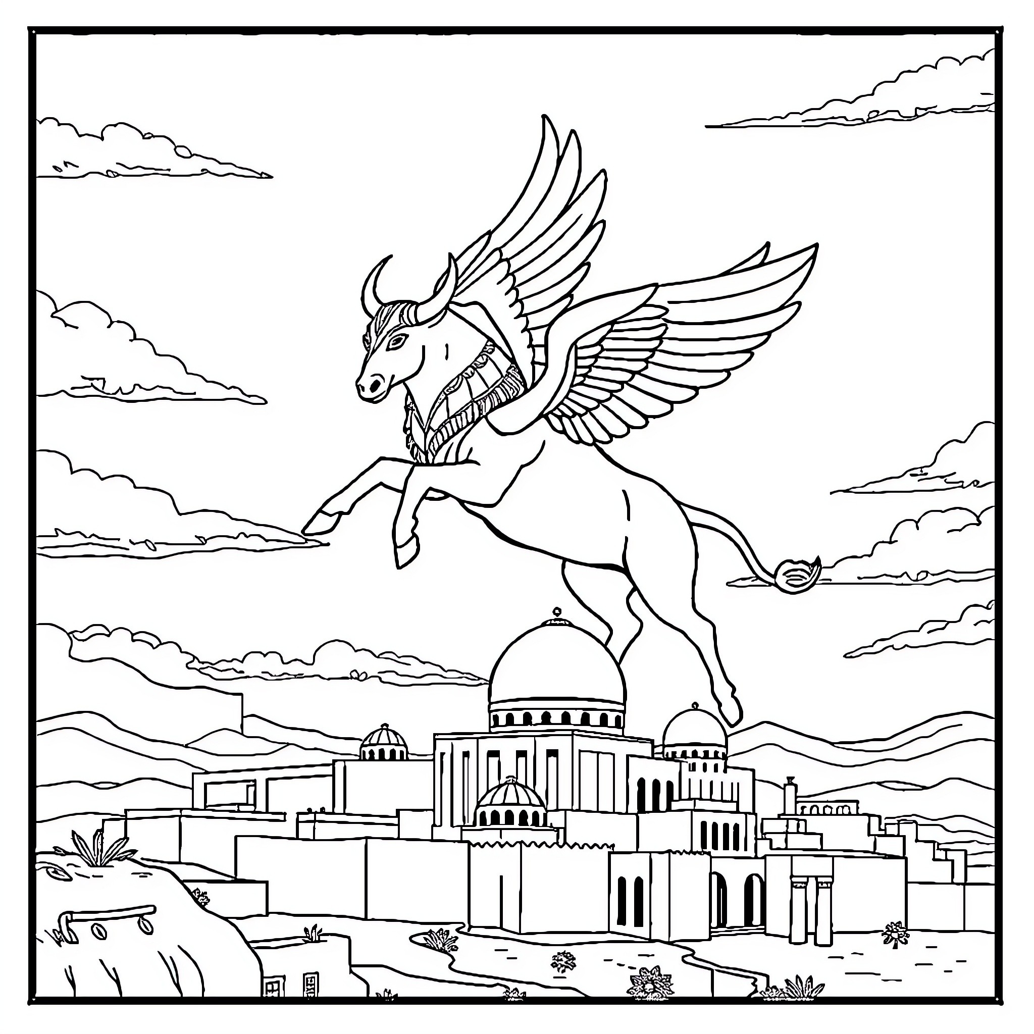 Winged Bull soaring over ancient city Coloring Page (free black-and-white line drawing printable PDF for all, from beginners to advanced learners, including children, teens, adults, and seniors)