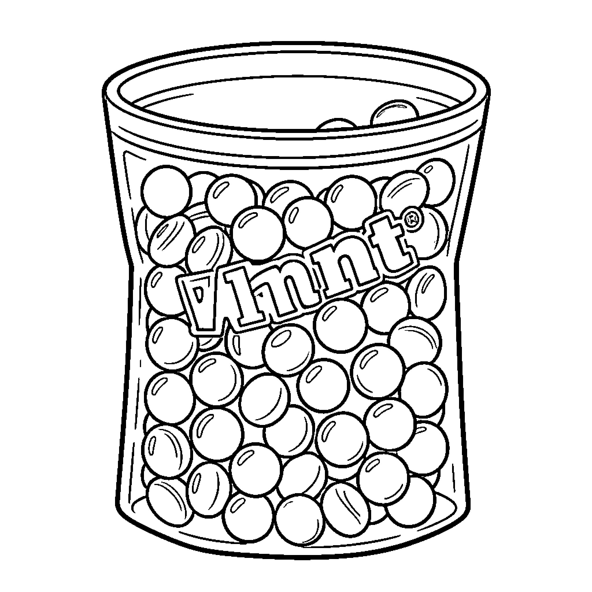 M&Ms inside a clear snack bag Coloring Page (free black-and-white line drawing printable PDF for all, from beginners to advanced learners, including children, teens, adults, and seniors)