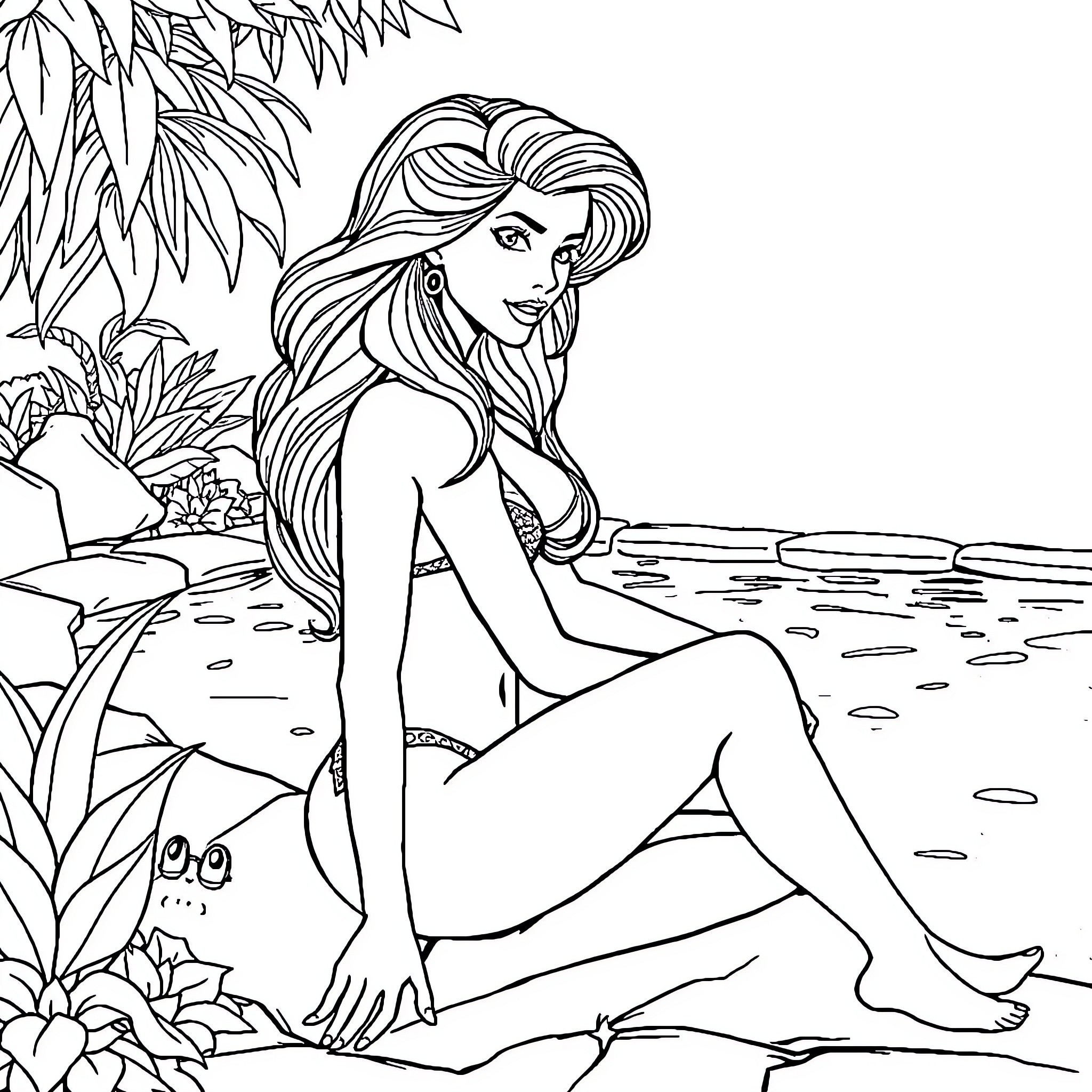 Belle Delphine relaxing in a tropical scene Coloring Page (free black-and-white line drawing printable PDF for all, from beginners to advanced learners, including children, teens, adults, and seniors)